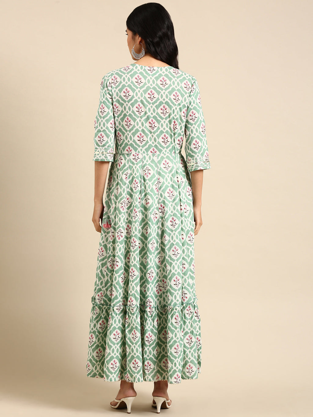 Women's Sea Green Floral Printed Cotton Anarkali Kurta