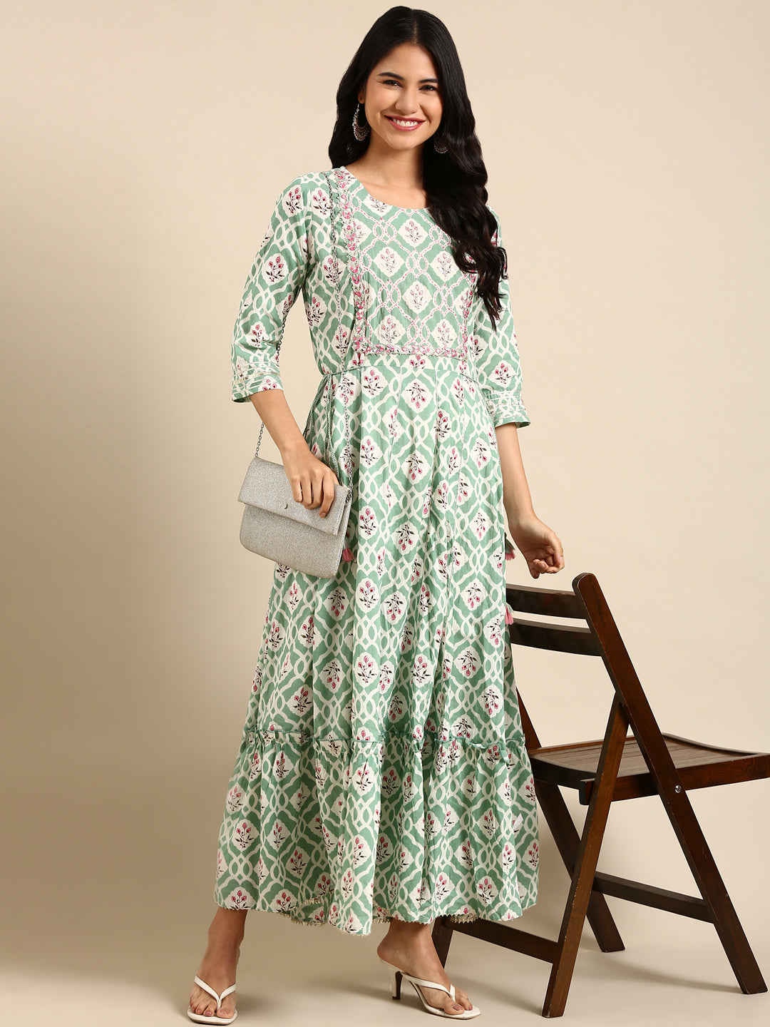 Women's Sea Green Floral Printed Cotton Anarkali Kurta