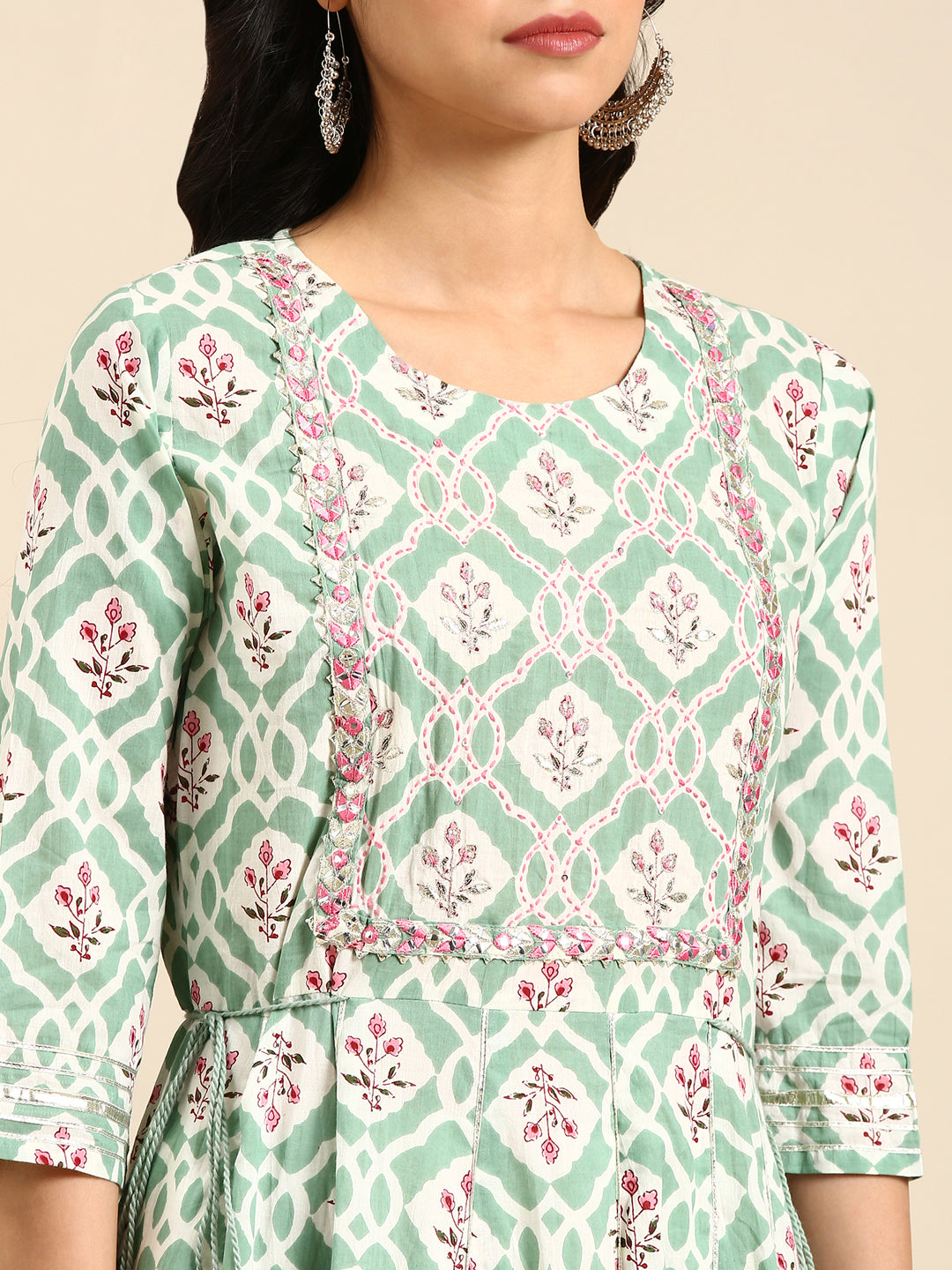 Women's Sea Green Floral Printed Cotton Anarkali Kurta