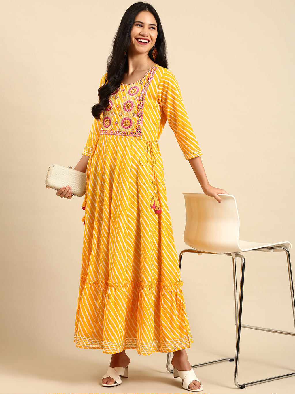 Women's Yellow Embellished Gotta Patti Anarkali Cotton Kurta