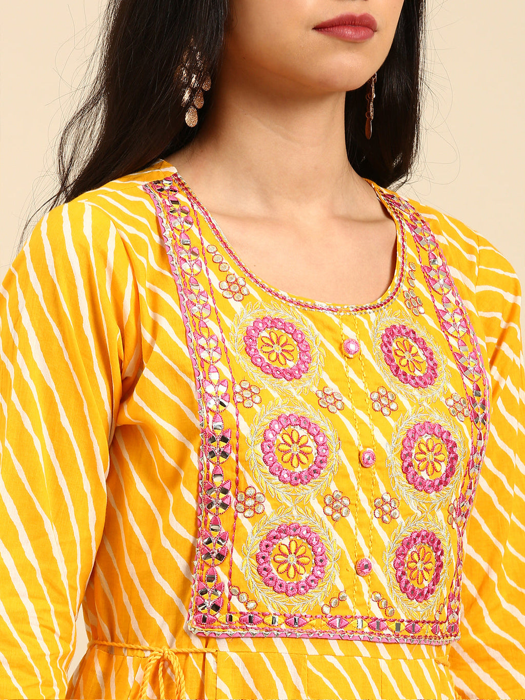 Women's Yellow Embellished Gotta Patti Anarkali Cotton Kurta