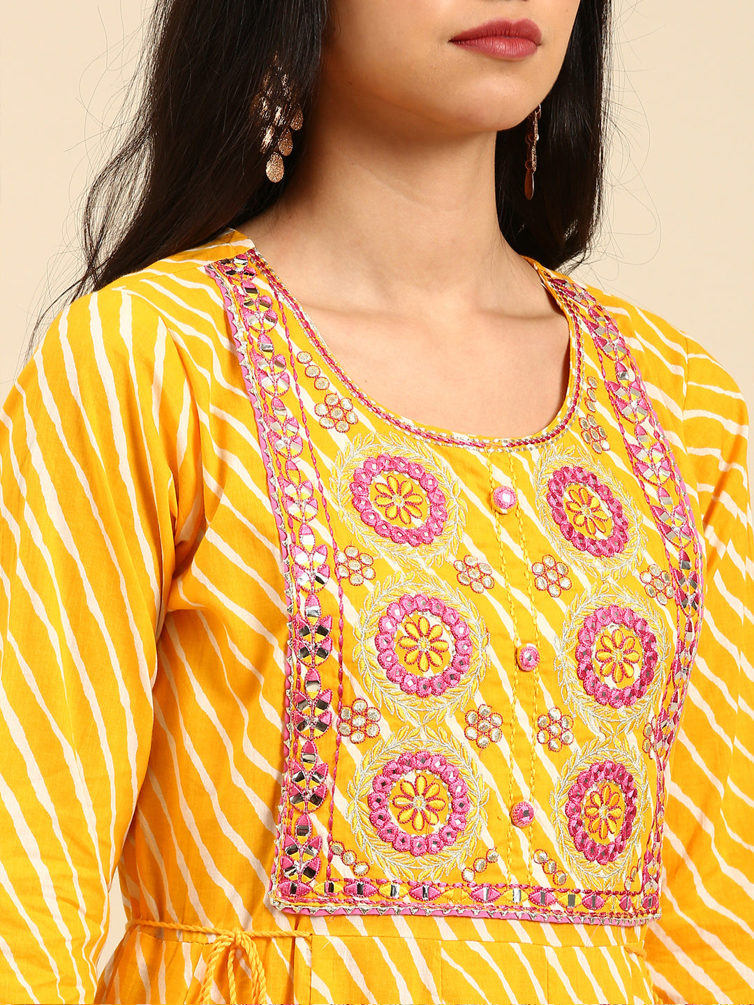 Women's Yellow Embellished Gotta Patti Anarkali Cotton Kurta