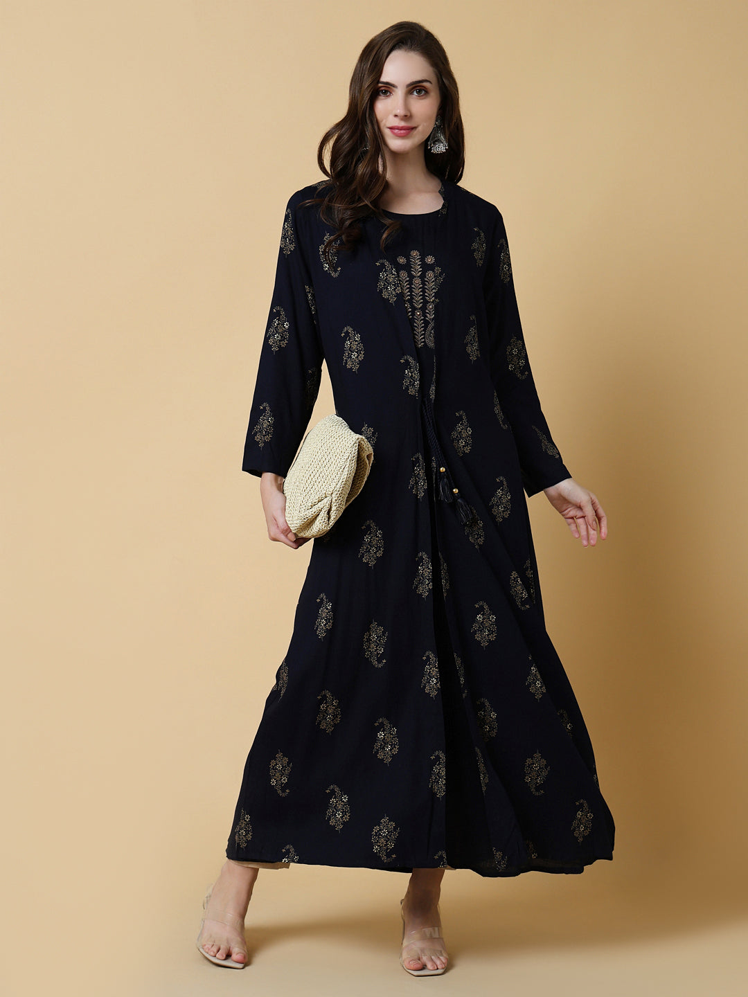 Women's Navy Blue Graphic A-Line Kurta with Shrug