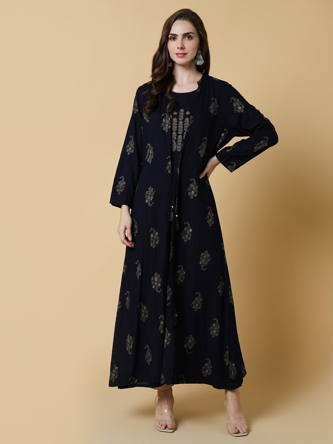 Women's Navy Blue Graphic A-Line Kurta with Shrug