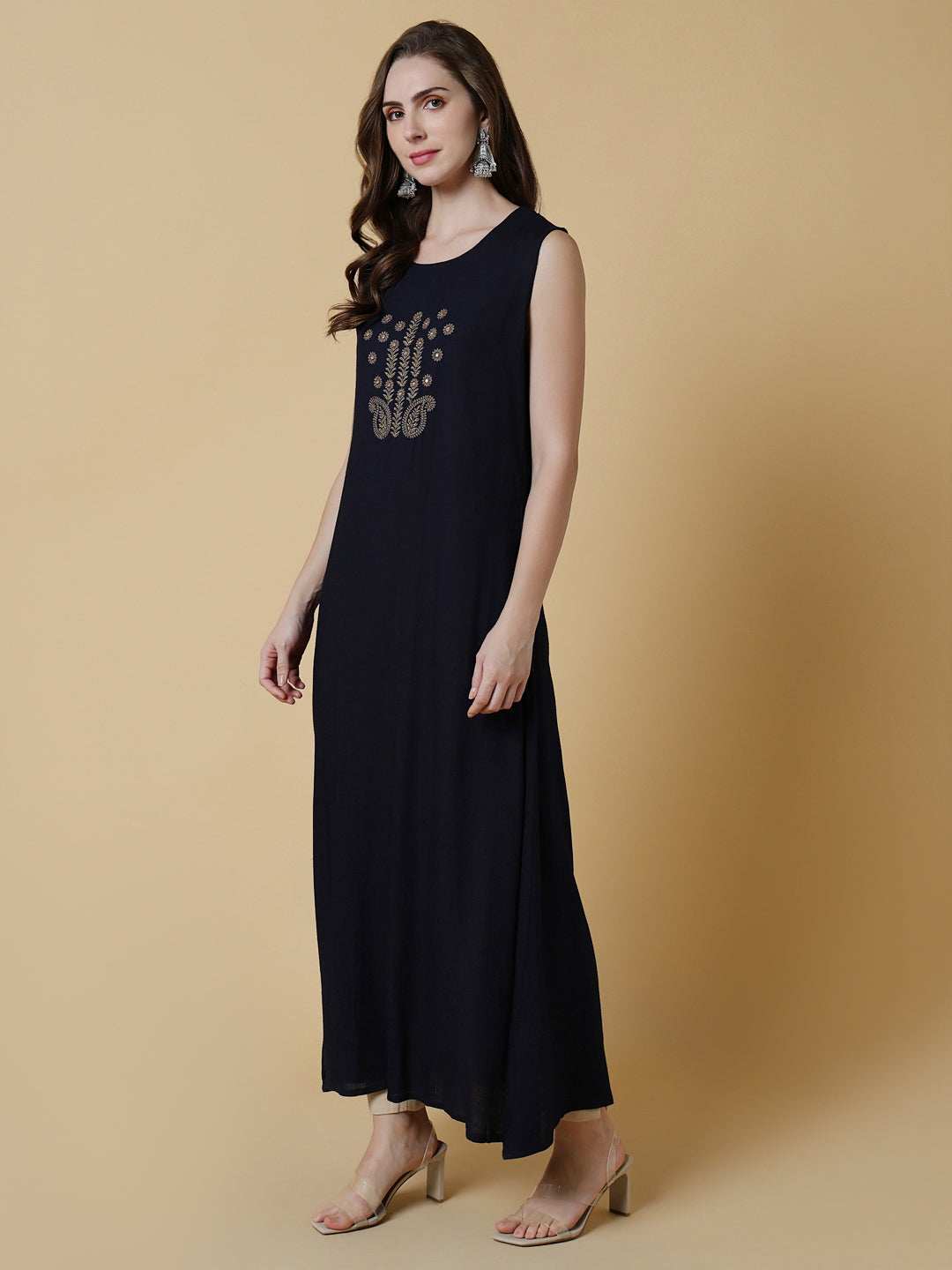 Women's Navy Blue Graphic A-Line Kurta with Shrug