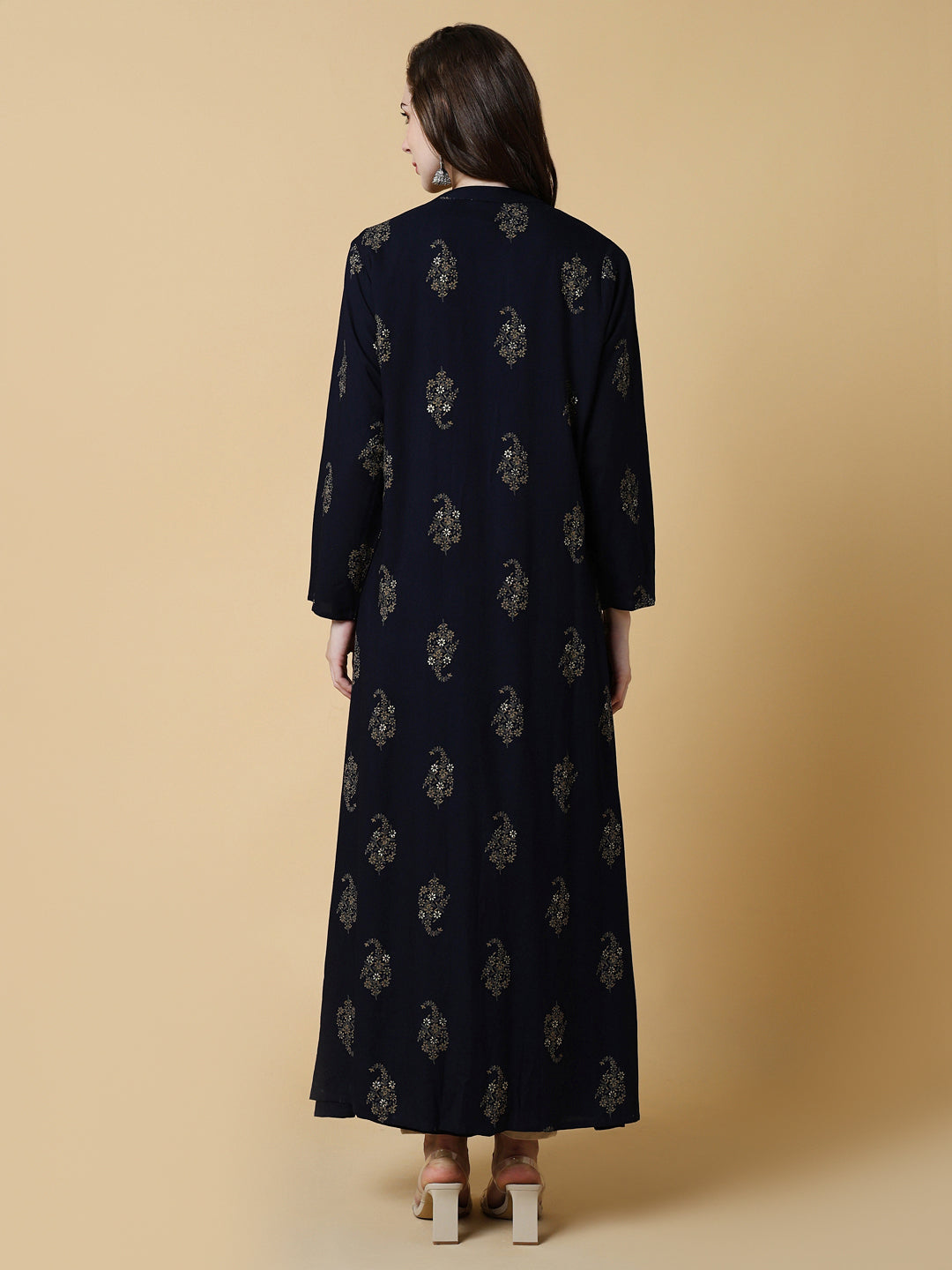 Women's Navy Blue Graphic A-Line Kurta with Shrug