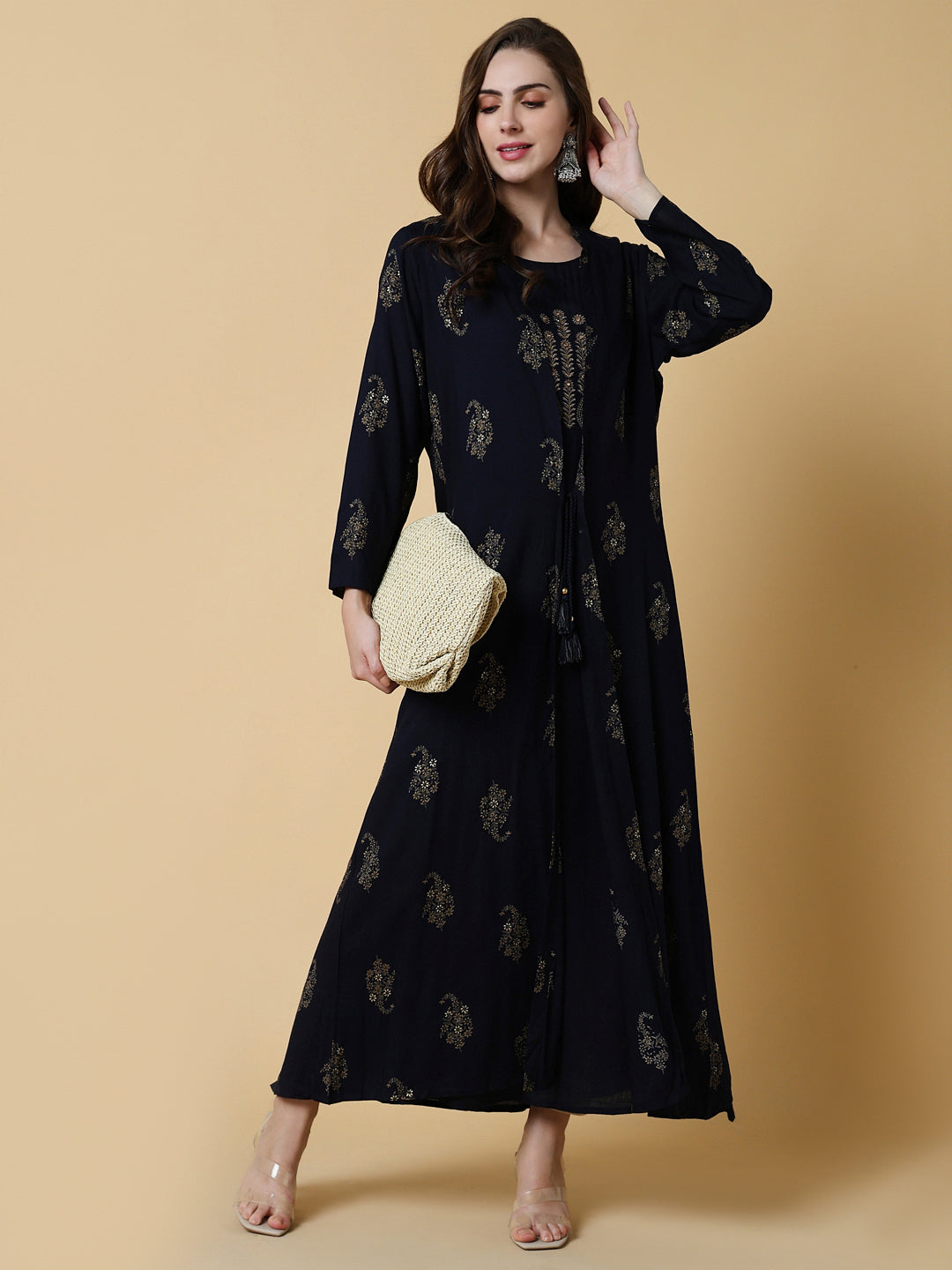 Women's Navy Blue Graphic A-Line Kurta with Shrug