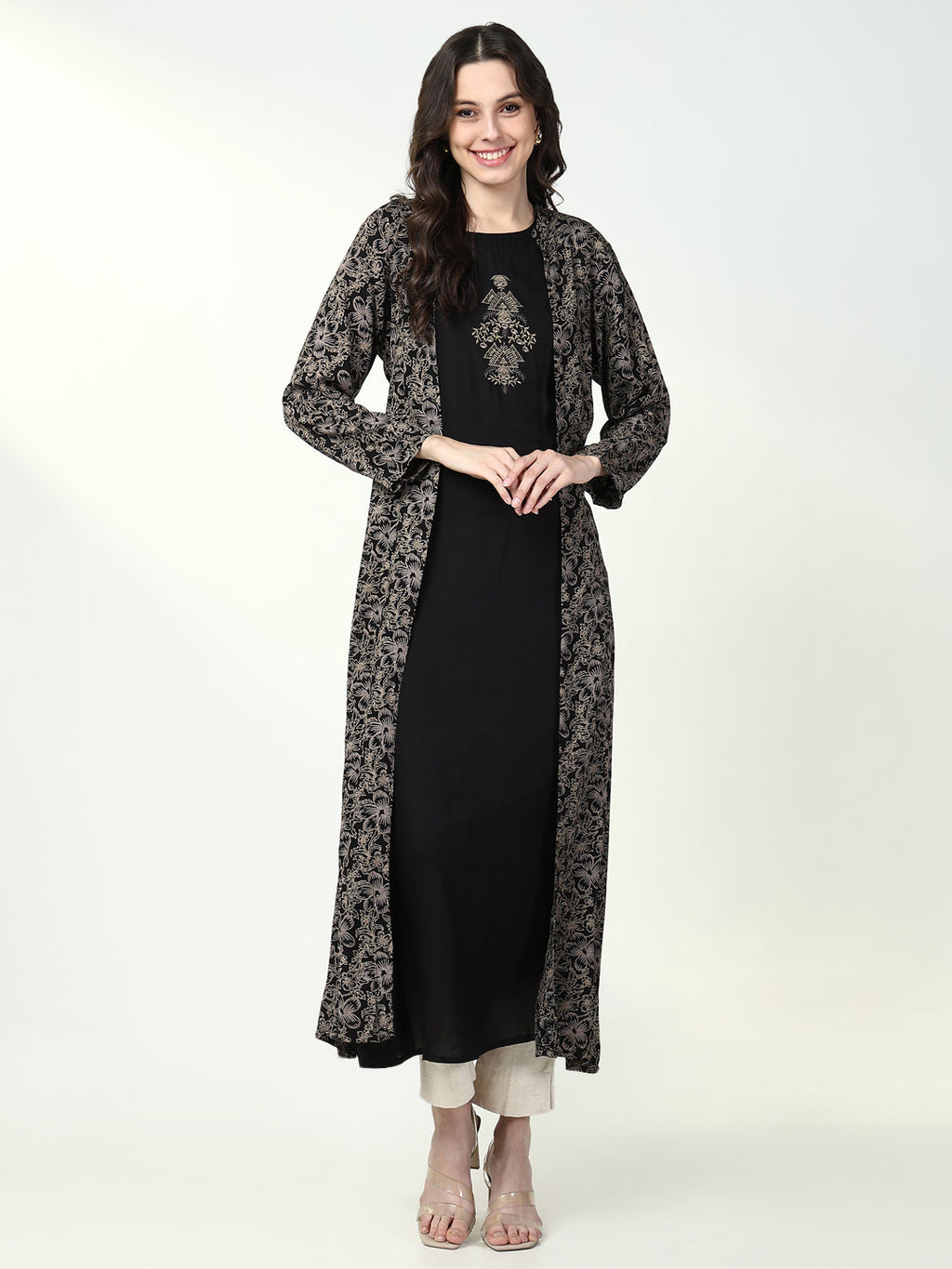 Women's Solid Black A-Line Kurta with Coat