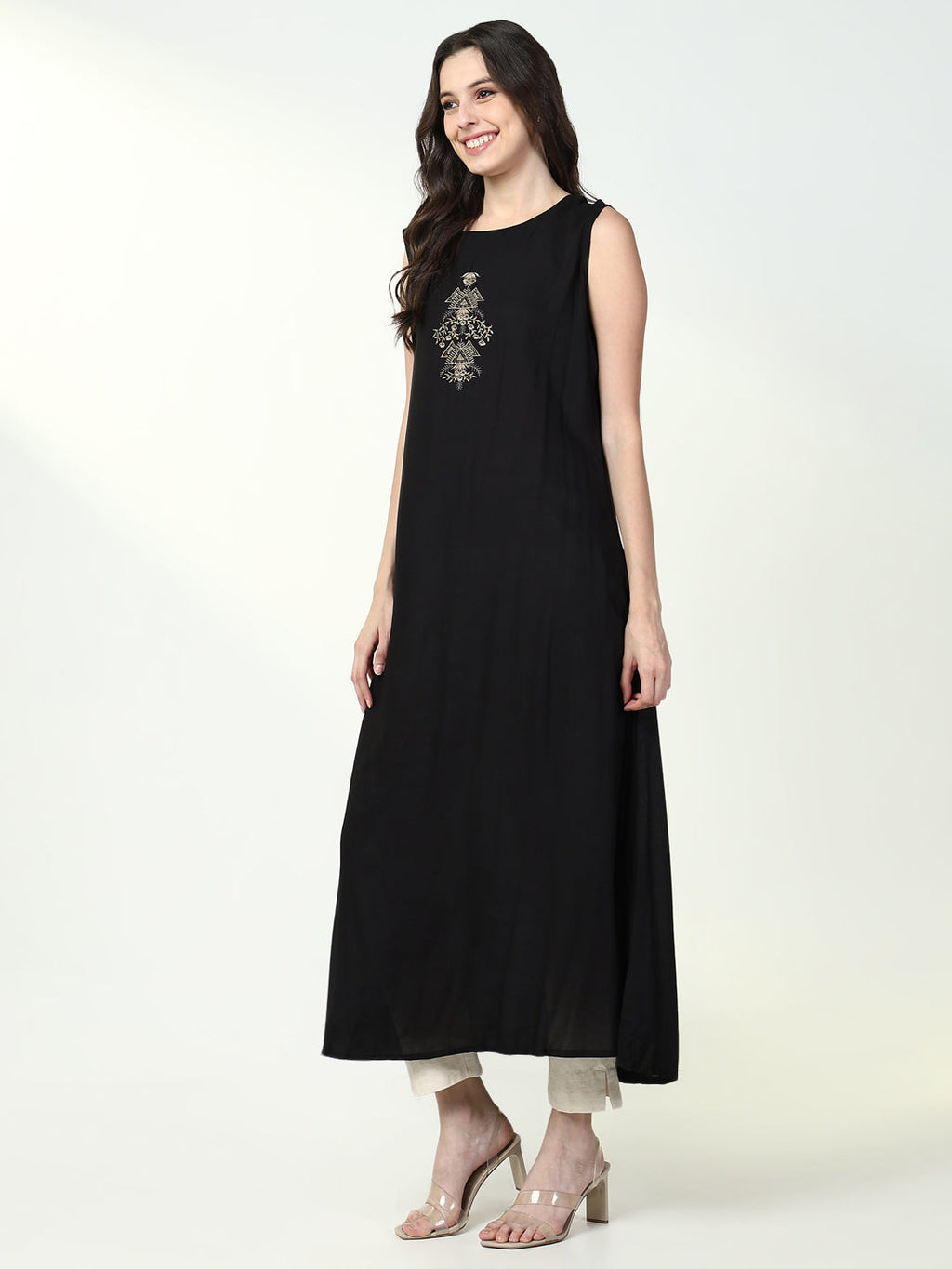 Women's Solid Black A-Line Kurta with Coat