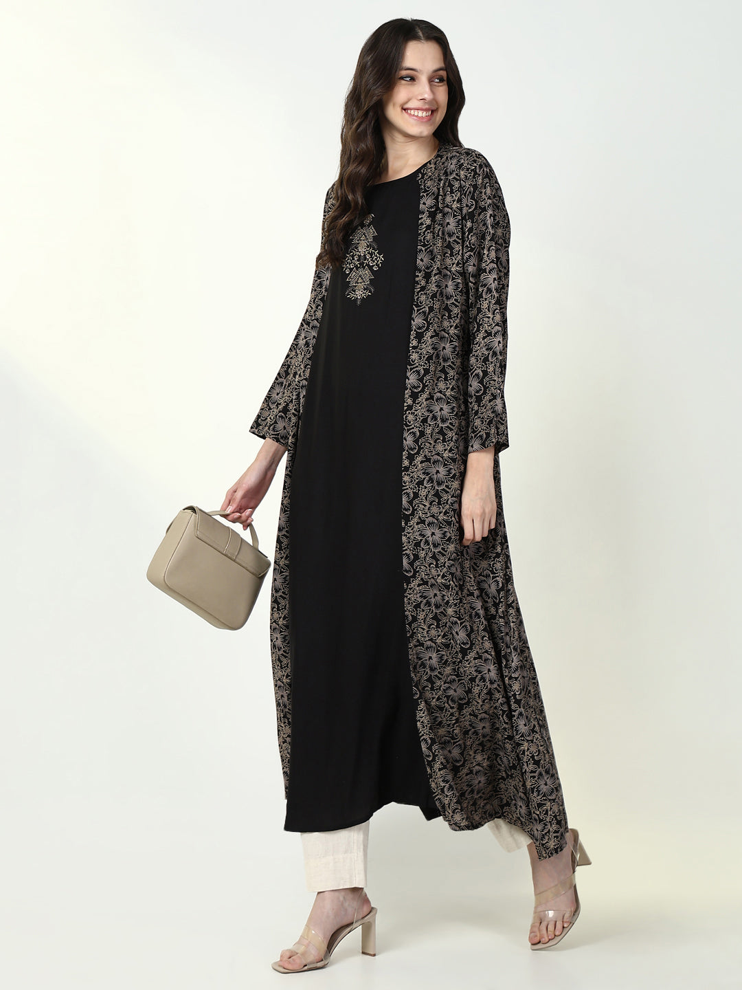 Women's Solid Black A-Line Kurta with Coat