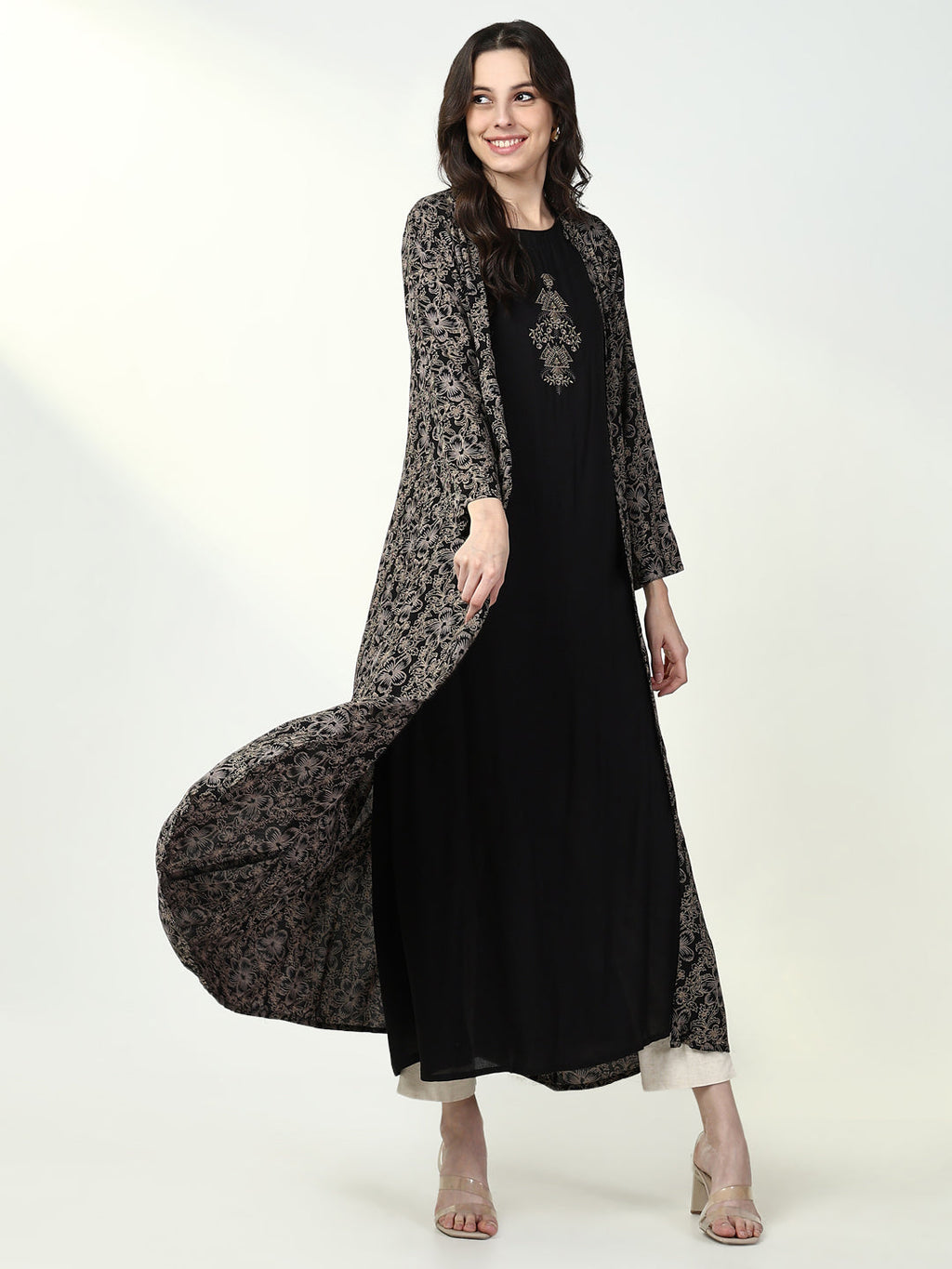 Women's Solid Black A-Line Kurta with Coat