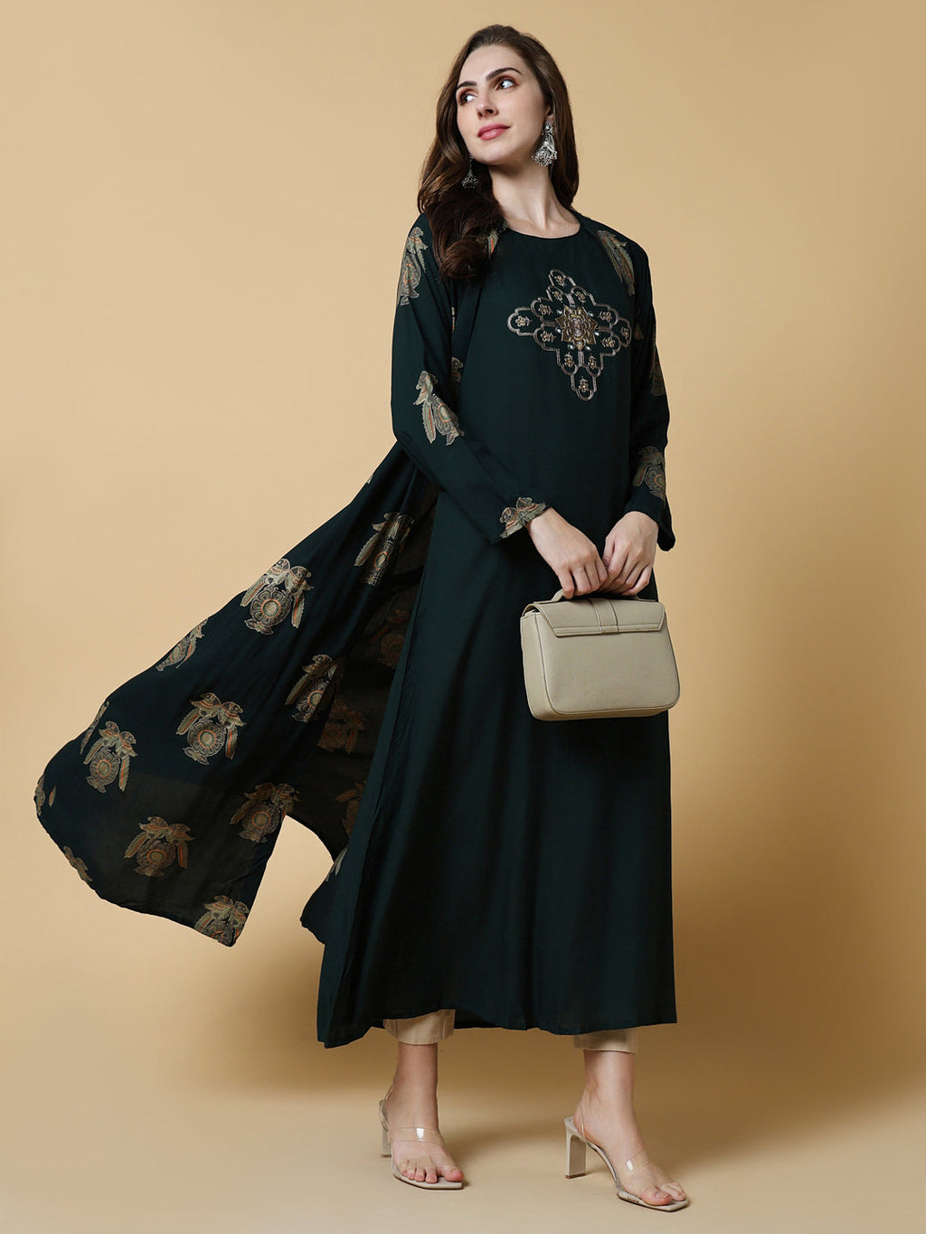 Women's Green Graphic A-Line Kurta with Shrug