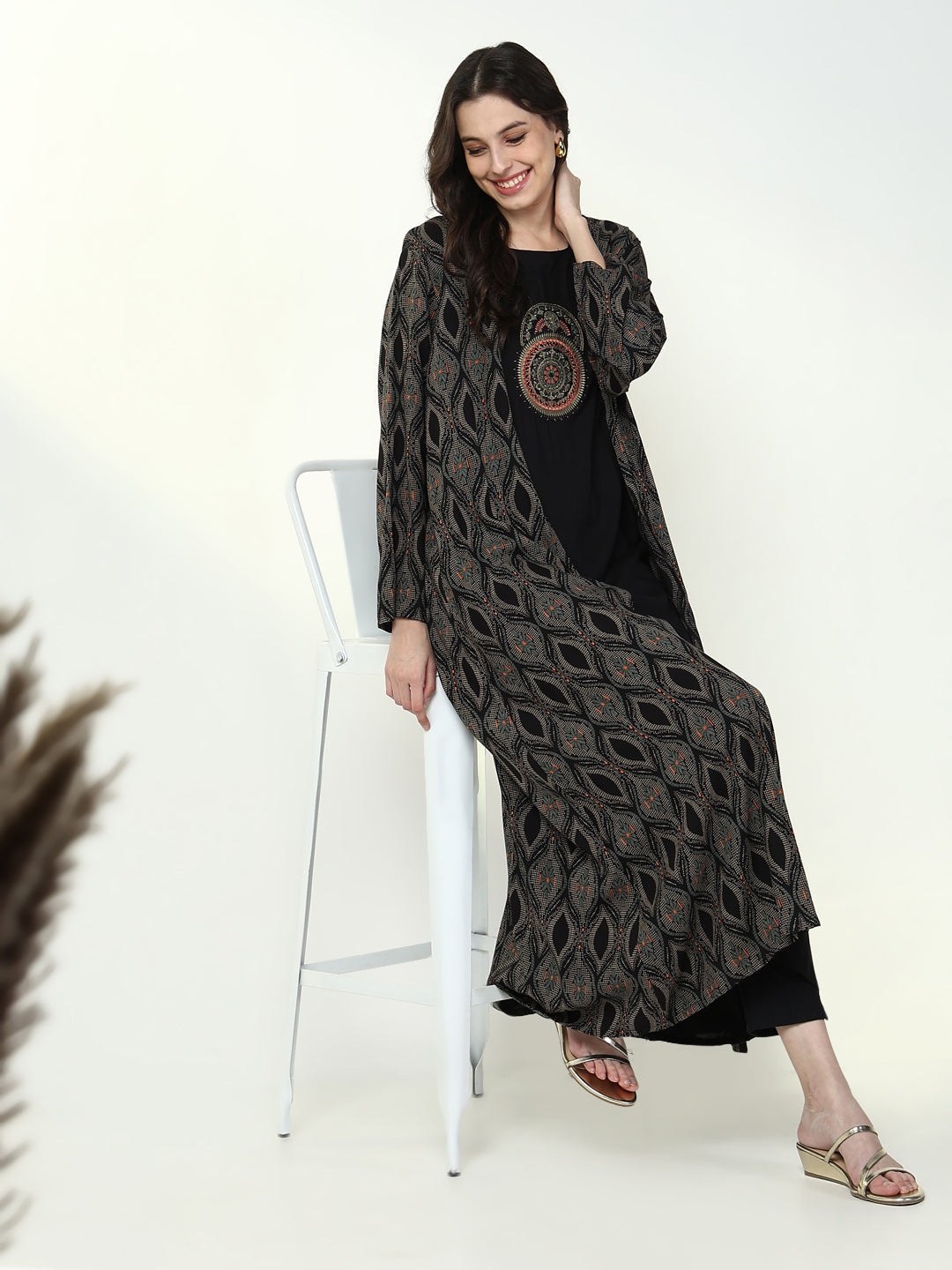 Women's Black Printed Solid A Line Kurta with Coat