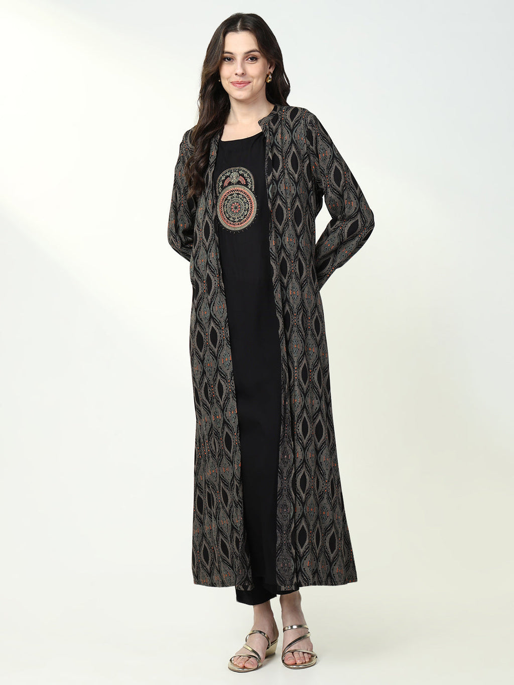 Women's Black Printed Solid A Line Kurta with Coat