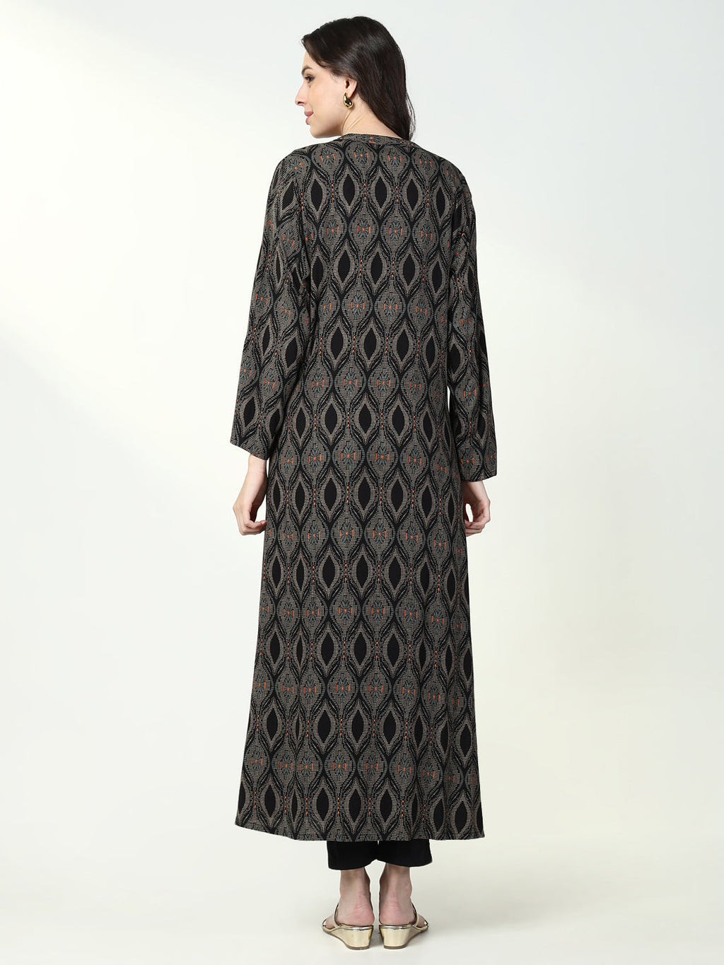 Women's Black Printed Solid A Line Kurta with Coat