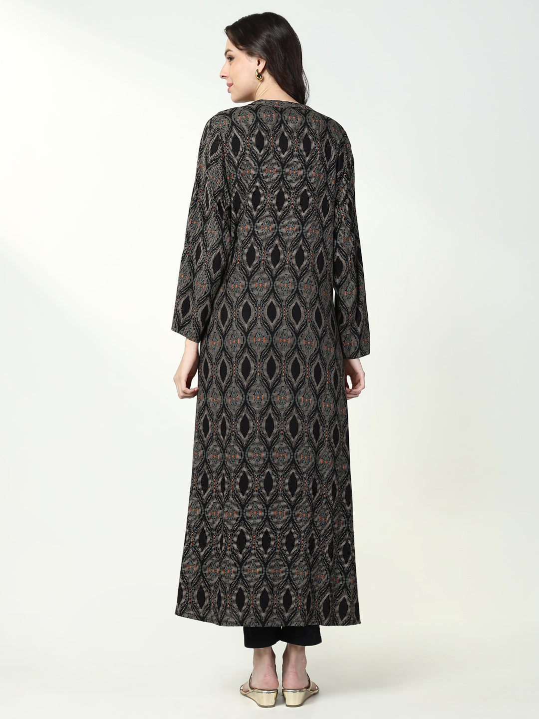 Women's Black Printed Solid A Line Kurta with Coat