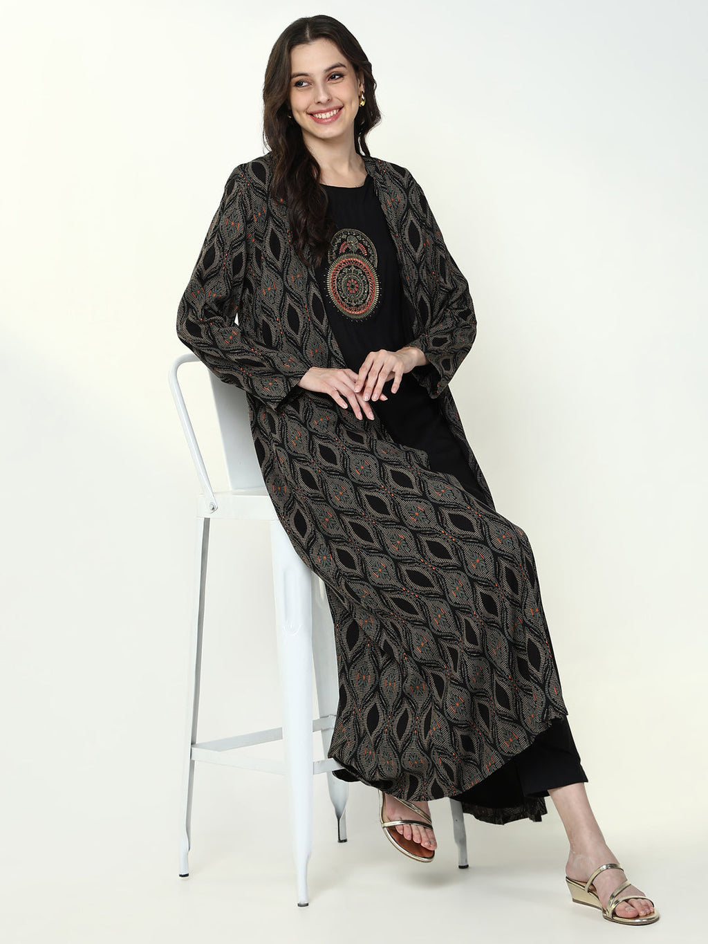 Women's Black Printed Solid A Line Kurta with Coat