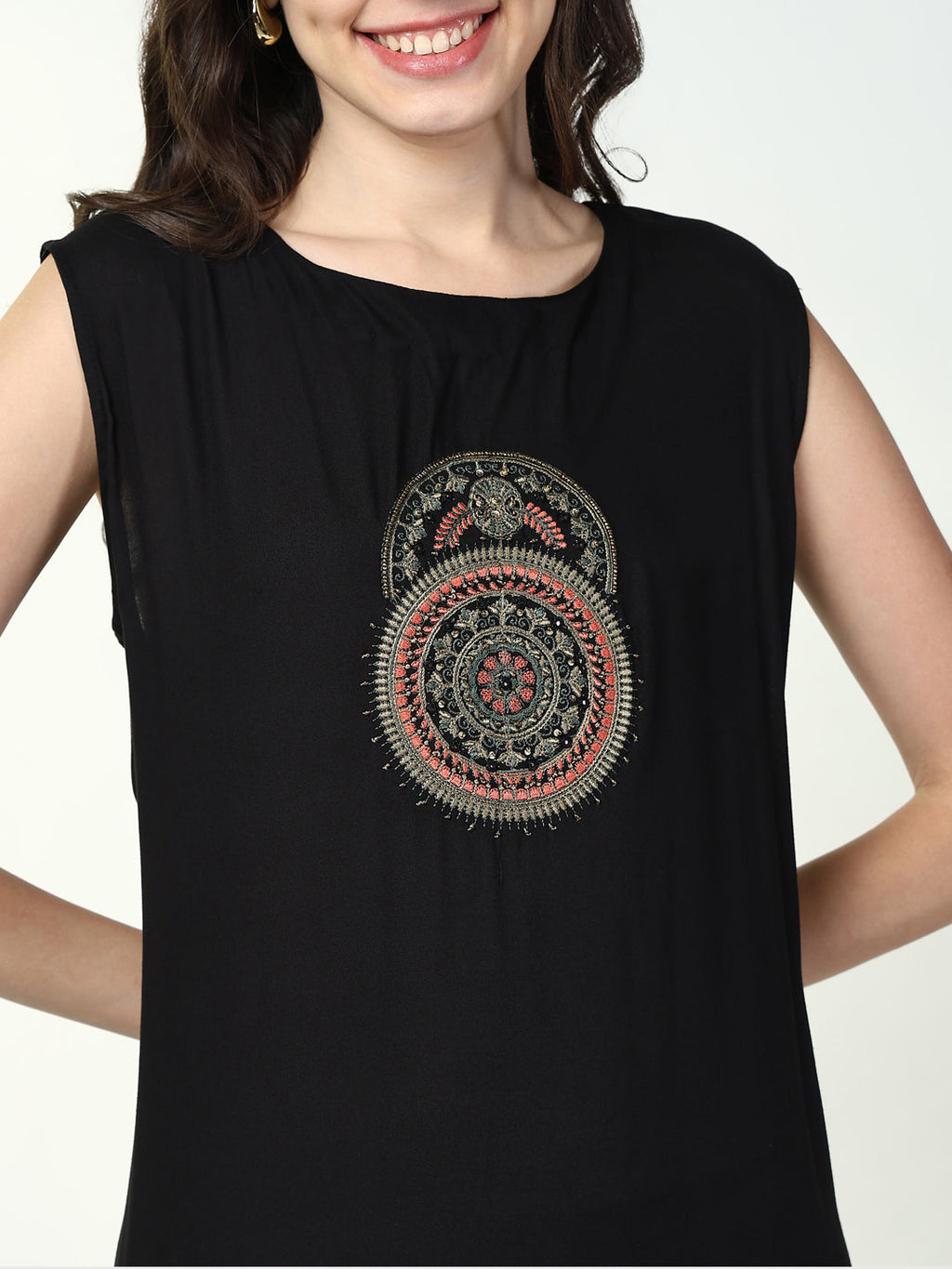 Women's Black Printed Solid A Line Kurta with Coat