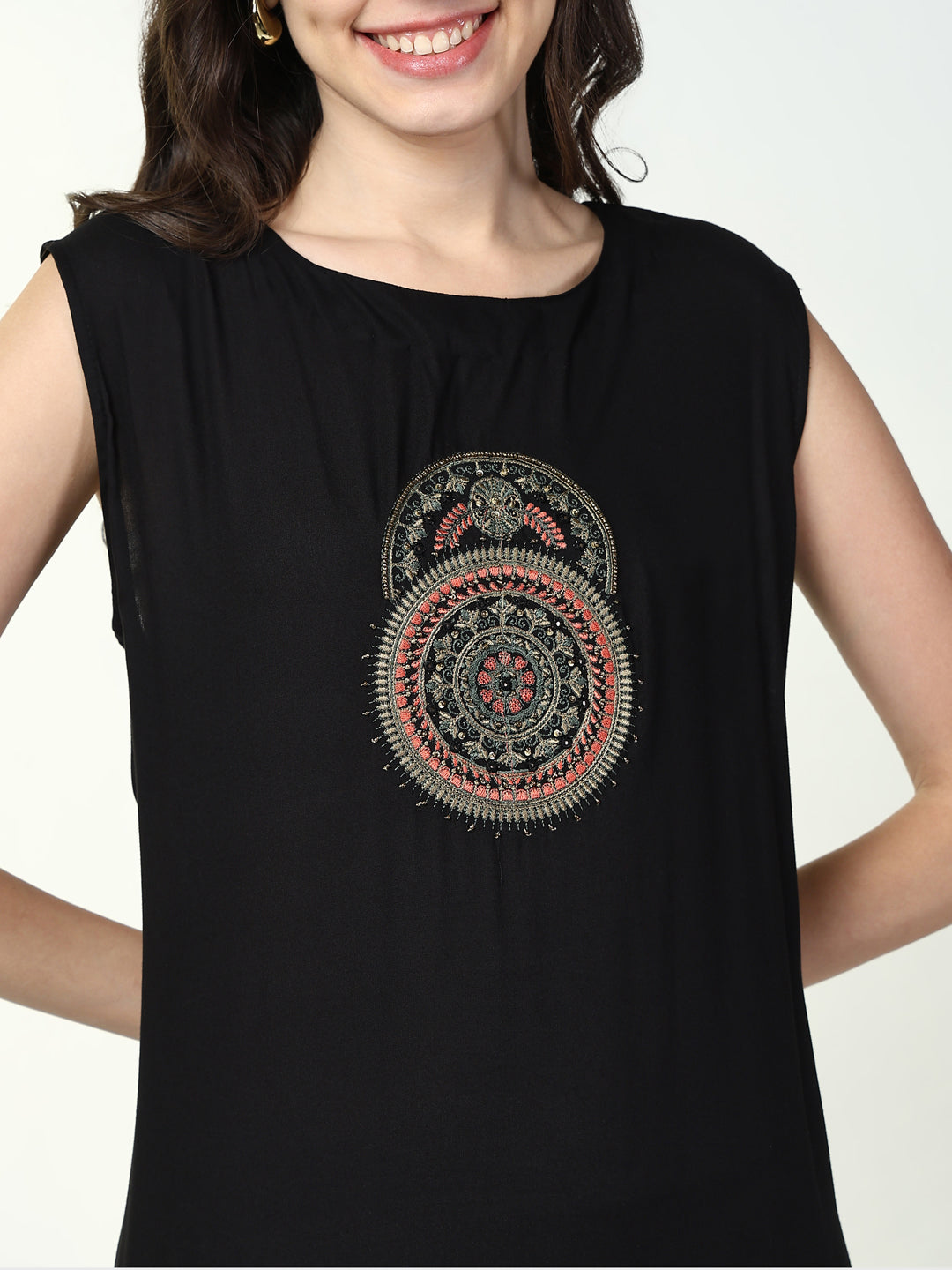 Women's Black Printed Solid A Line Kurta with Coat