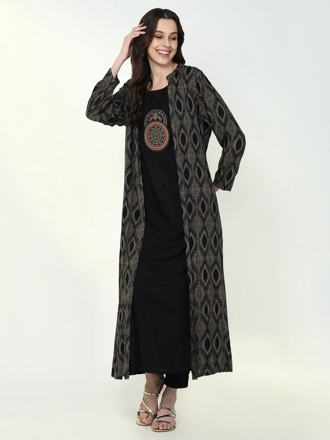 Women's Black Printed Solid A Line Kurta with Coat