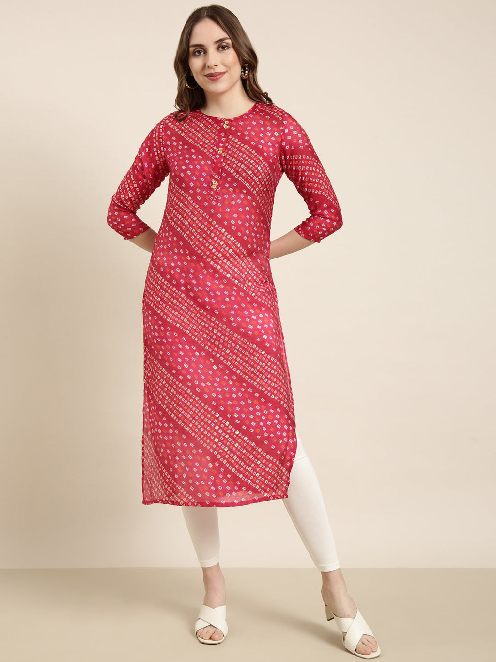 Women's Straight Pink Bandhani Kurta