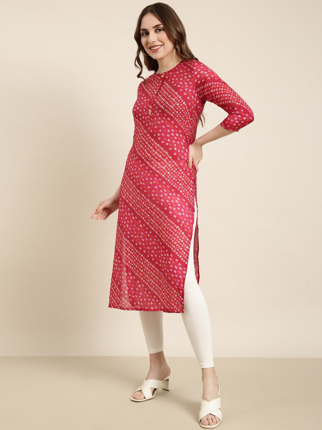 Women's Straight Pink Bandhani Kurta