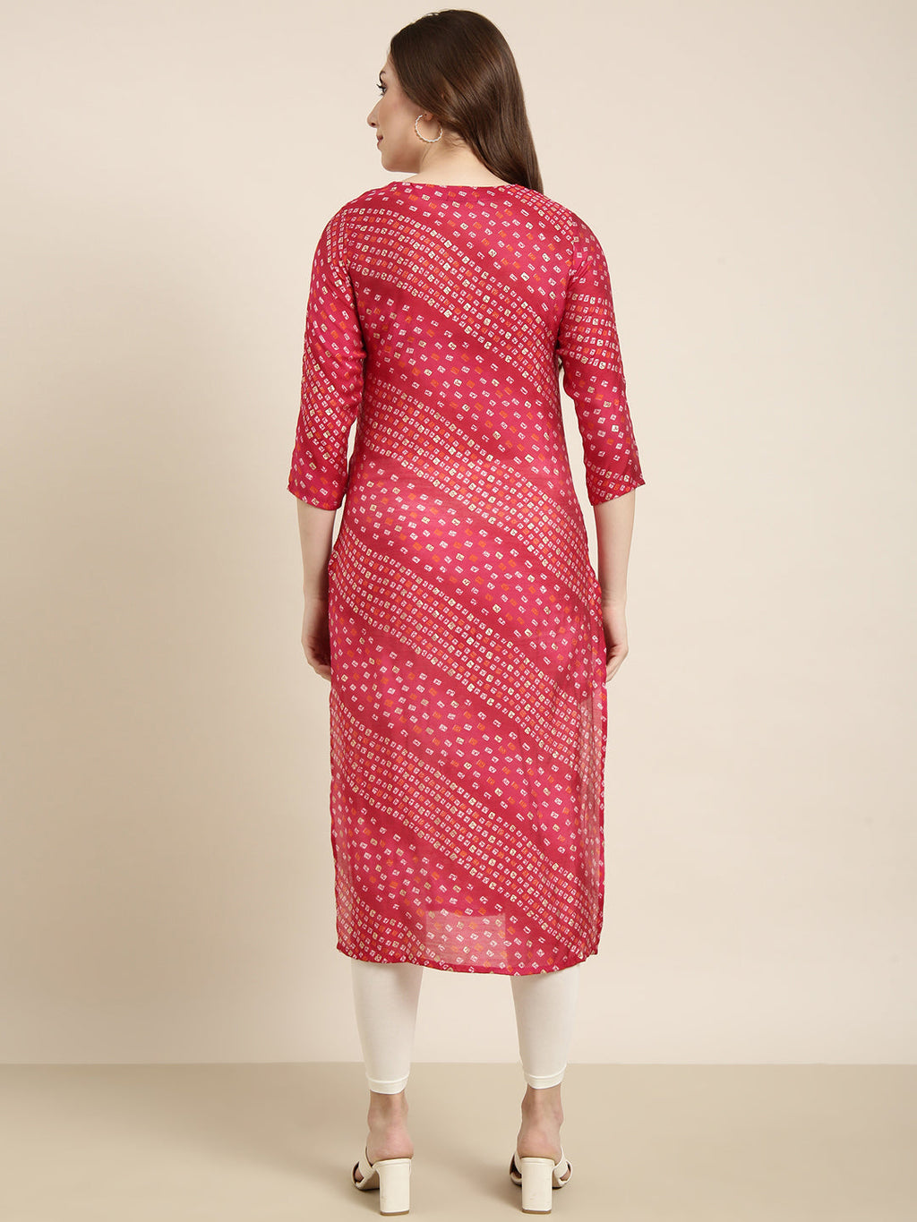Women's Straight Pink Bandhani Kurta