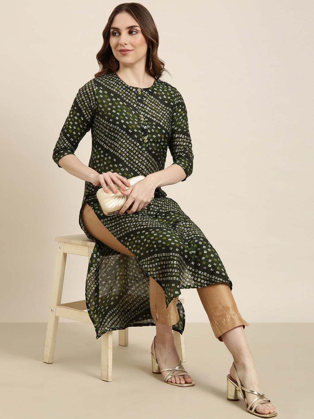 Women's Straight Green Bandhani Kurta