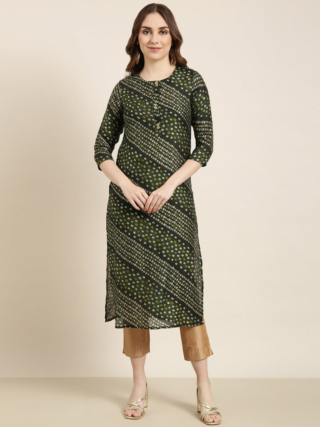 Women's Straight Green Bandhani Kurta