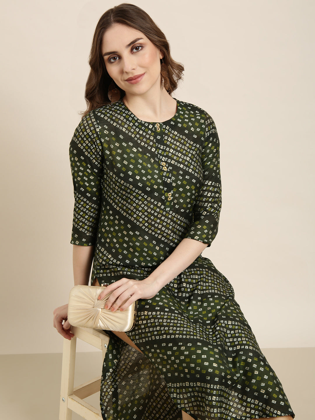 Women's Straight Green Bandhani Kurta