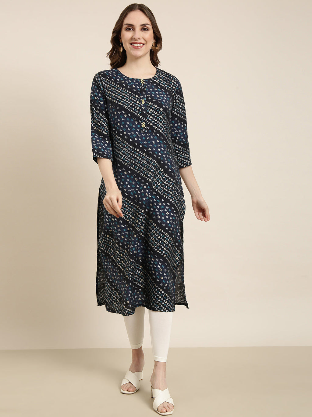 Women's Straight Navy Blue Bandhani Kurta