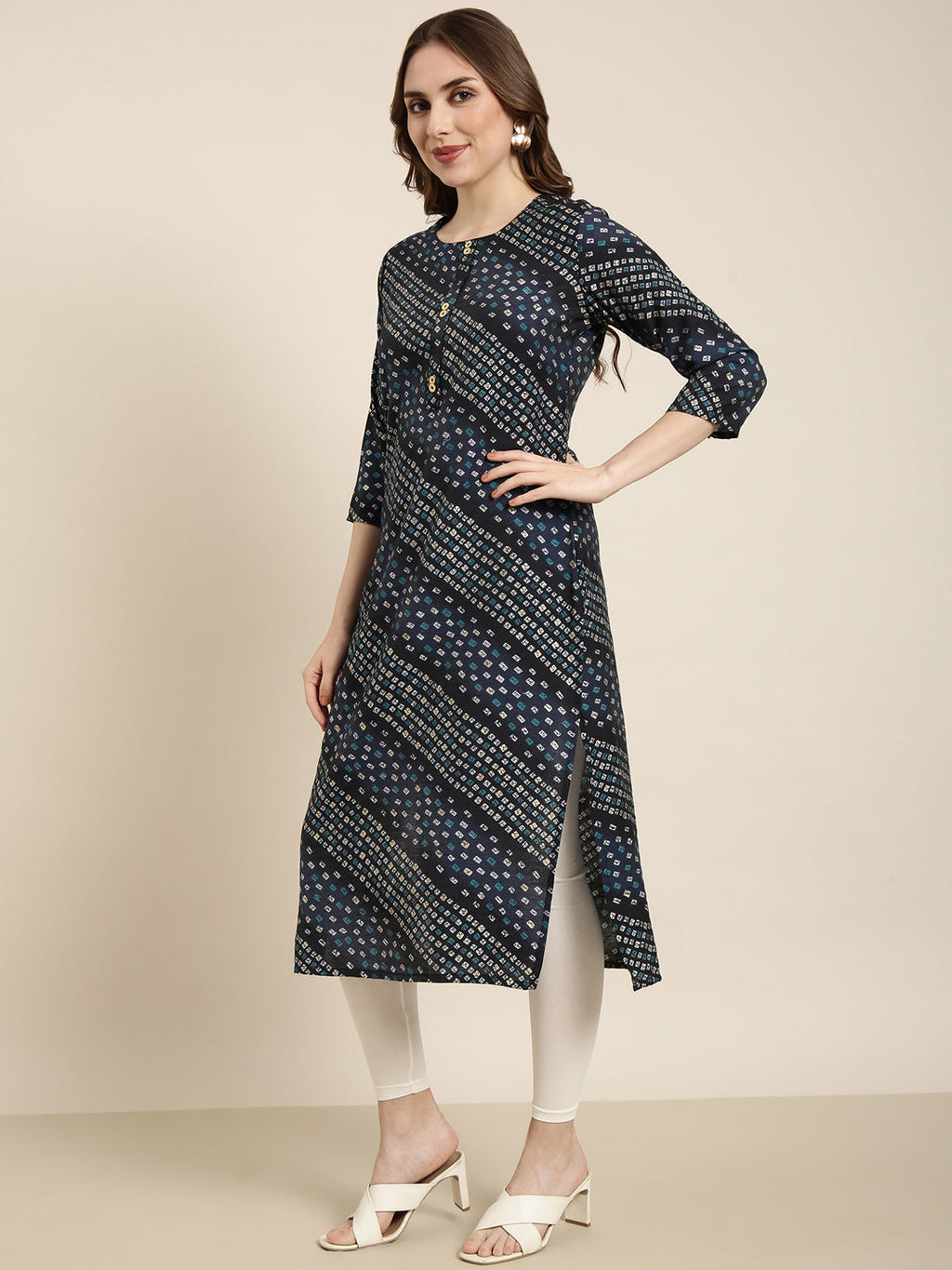 Women's Straight Navy Blue Bandhani Kurta