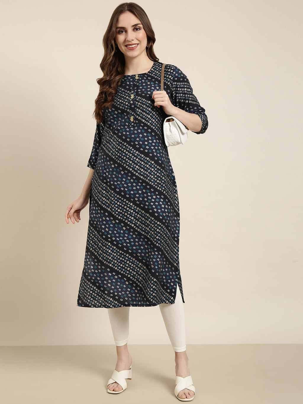 Women's Straight Navy Blue Bandhani Kurta