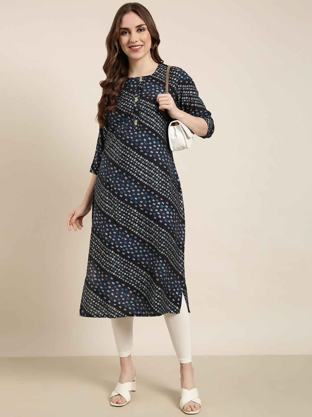 Women's Straight Navy Blue Bandhani Kurta