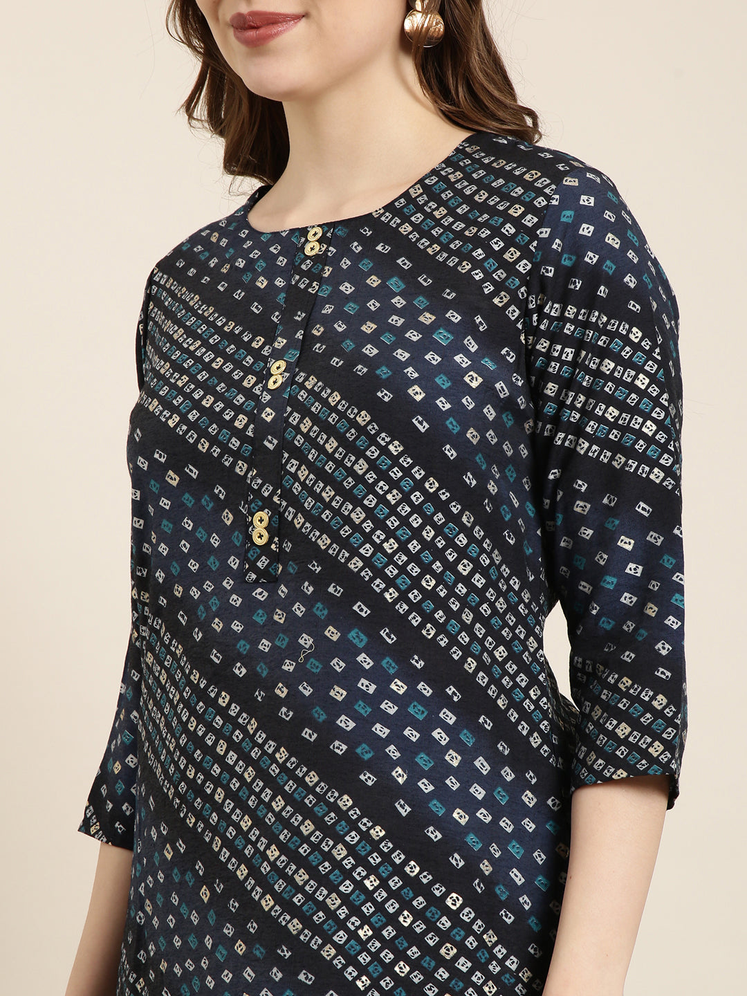 Women's Straight Navy Blue Bandhani Kurta