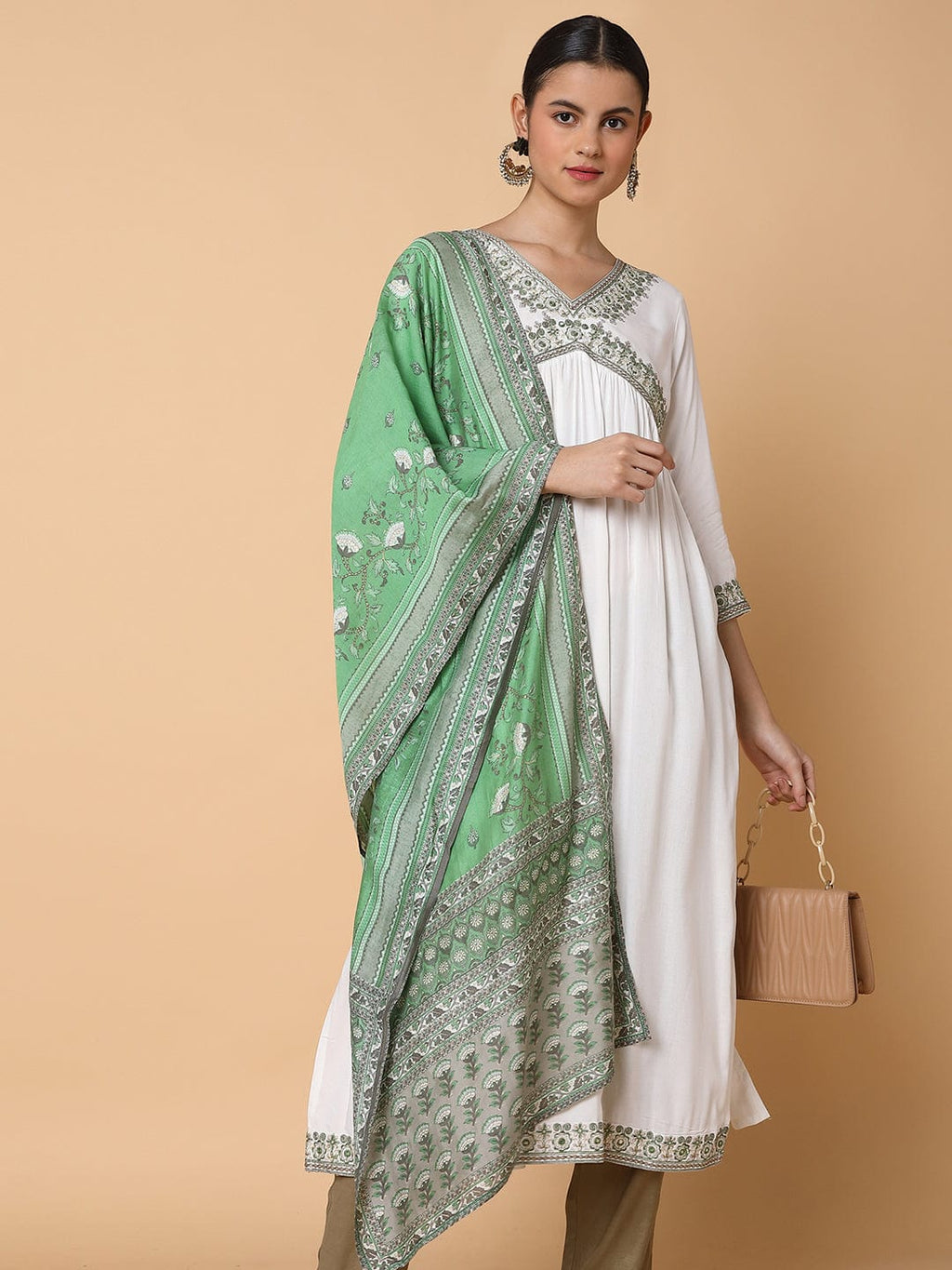 Women's Solid Off White A Line Kurta with Dupatta