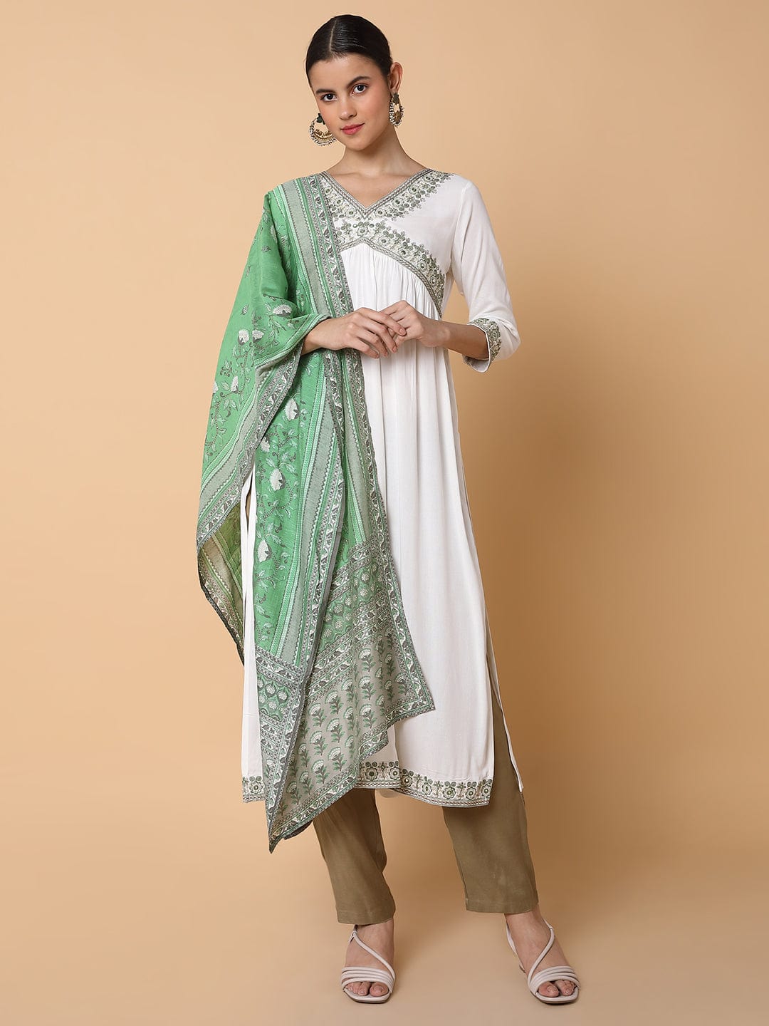 Women's Solid Off White A Line Kurta with Dupatta