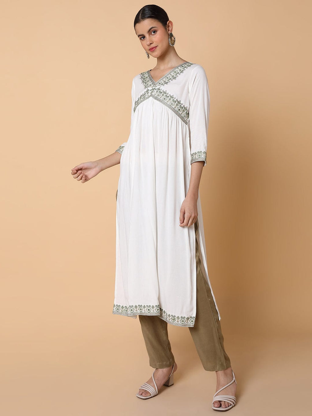 Women's Solid Off White A Line Kurta with Dupatta