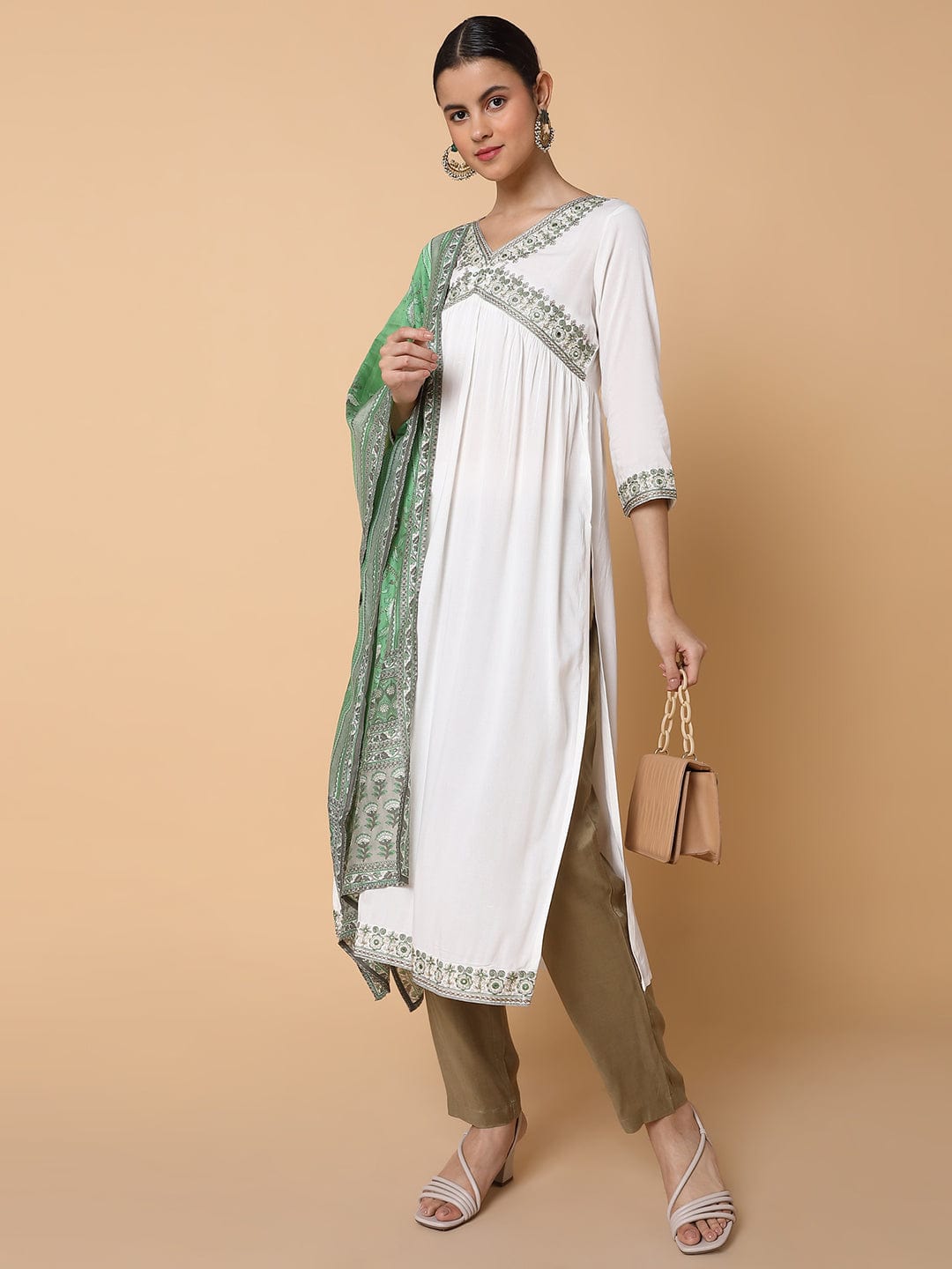 Women's Solid Off White A Line Kurta with Dupatta