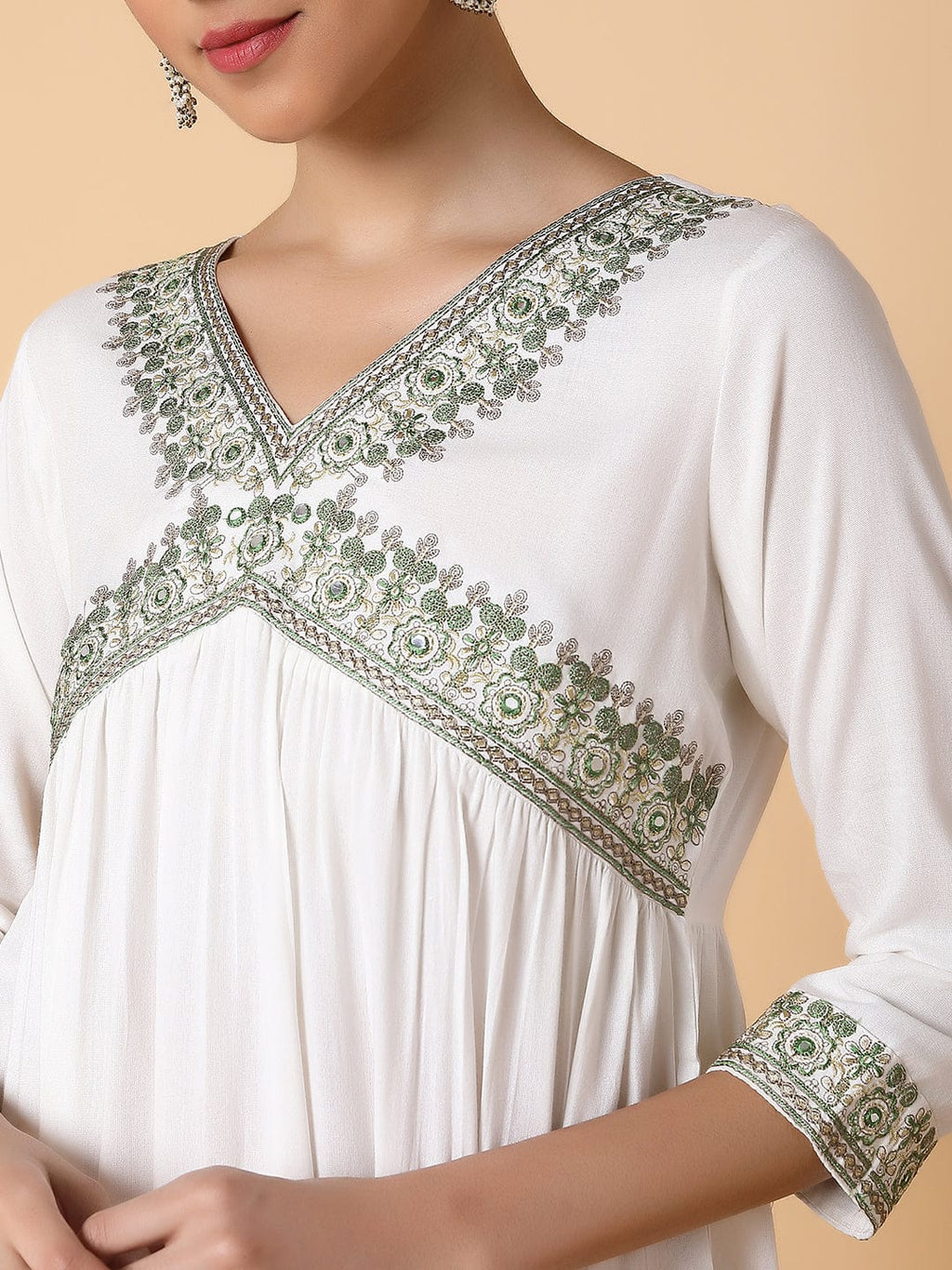 Women's Solid Off White A Line Kurta with Dupatta