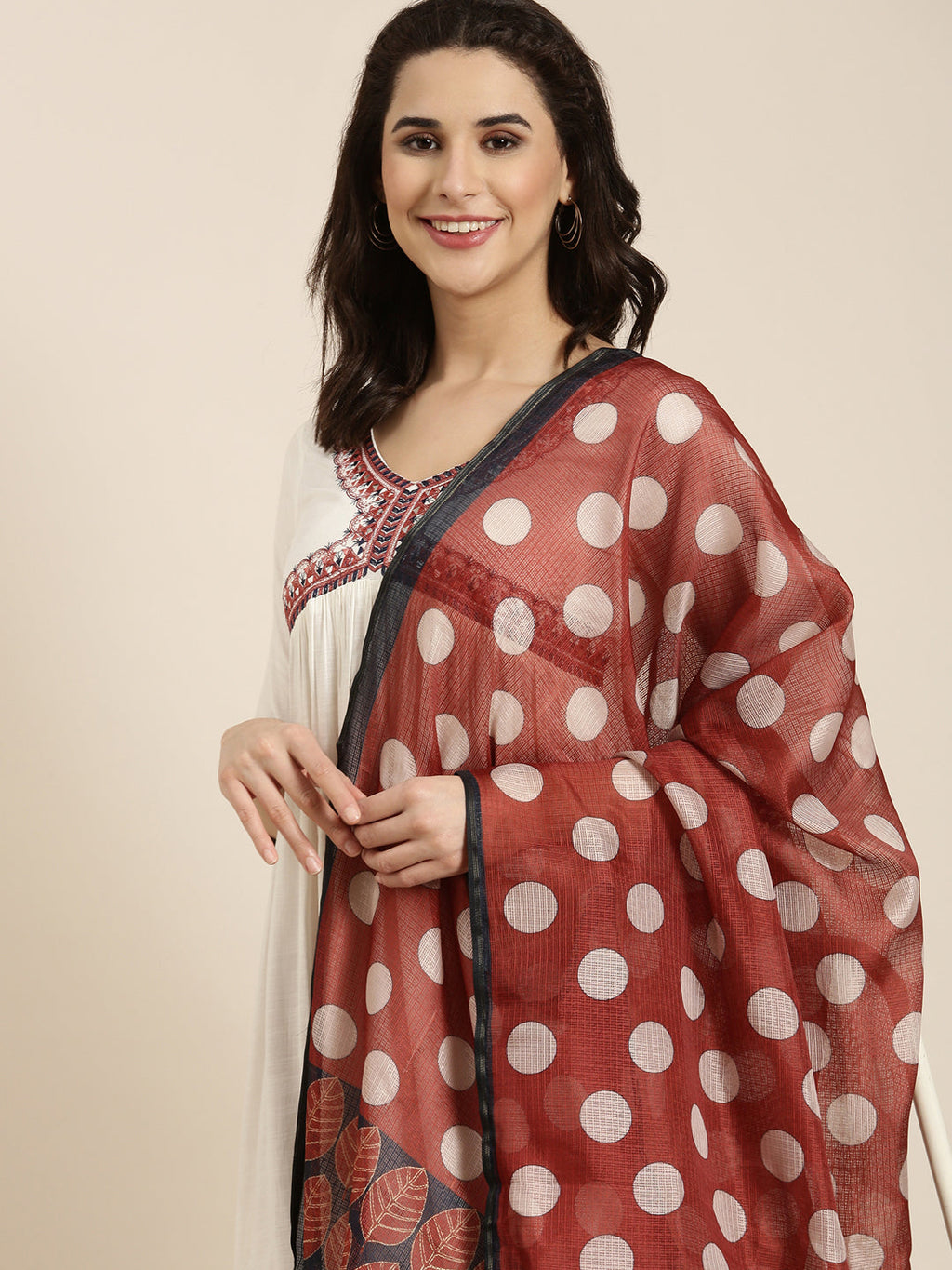 Women's Anarkali Cream Solid Kurta Sets with Dupatta