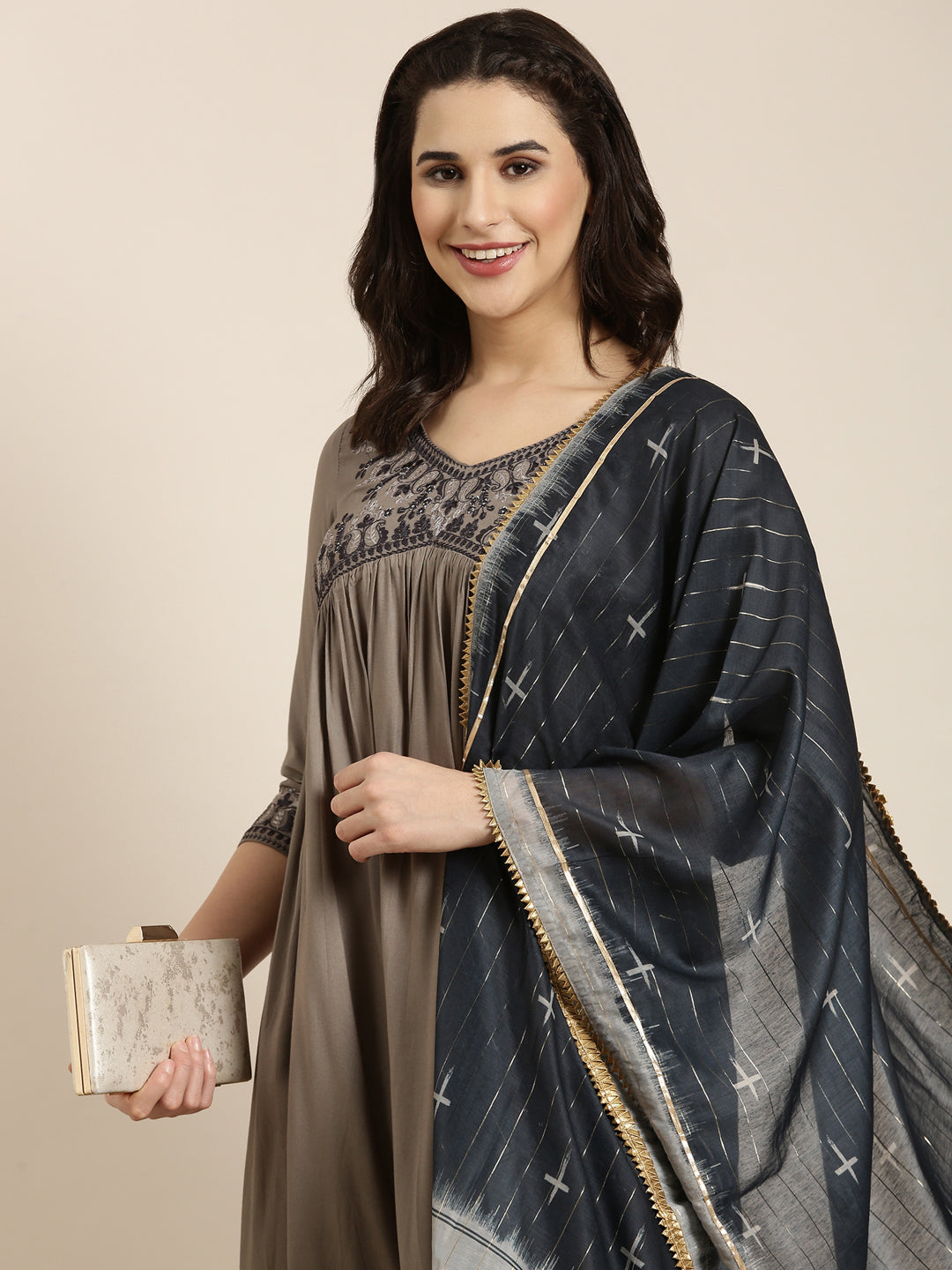 Women's Anarkali Grey Solid Kurta Sets with Dupatta