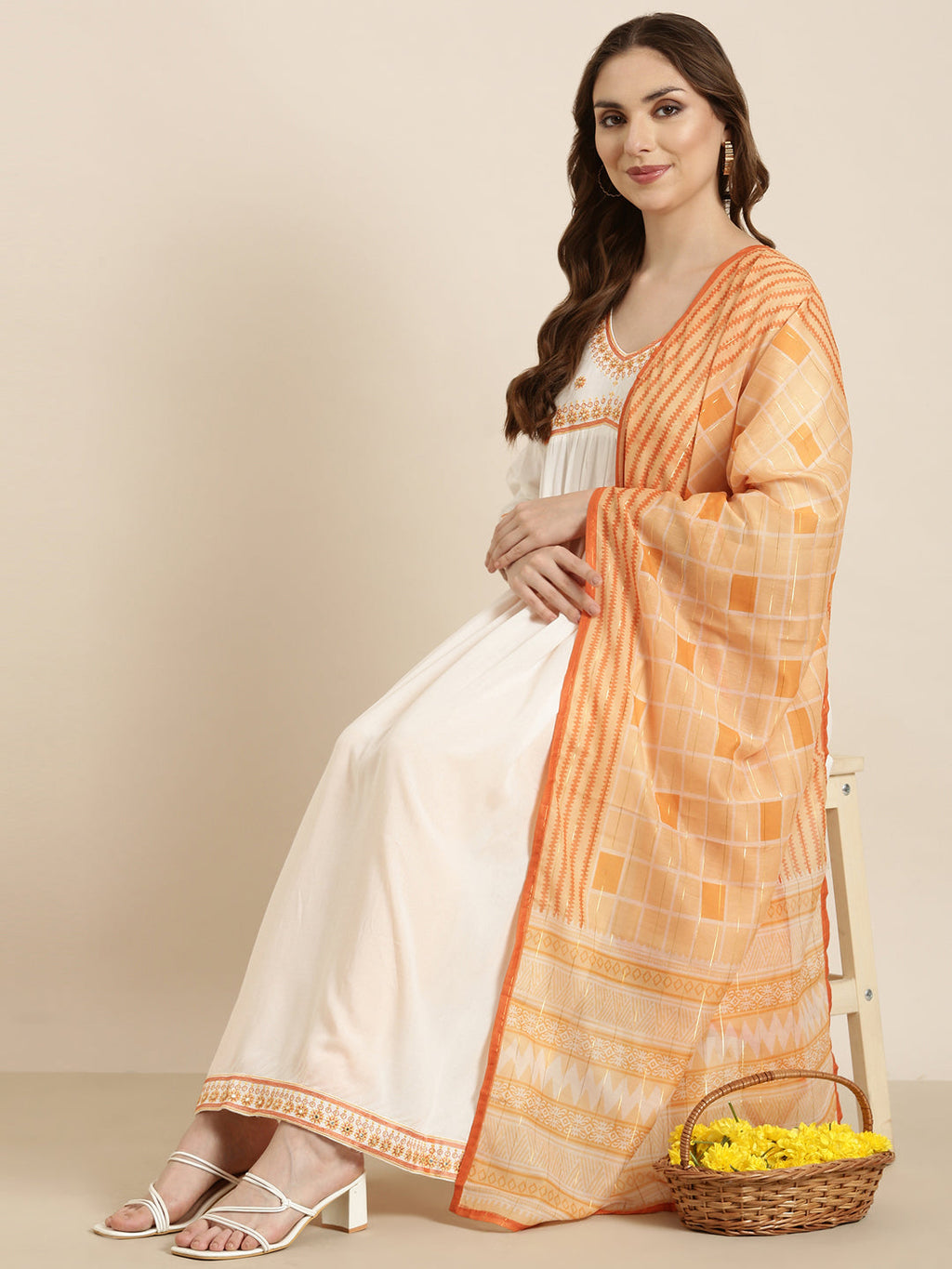 Women's Straight Off White Solid Kurta Sets with Dupatta