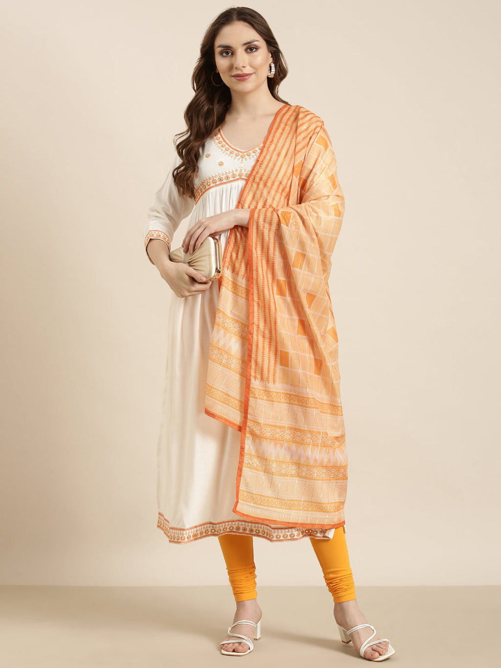 Women's Straight Off White Solid Kurta Sets with Dupatta