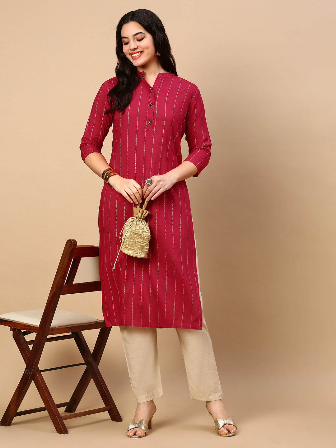 Women's Pink Striped Straight Kurta