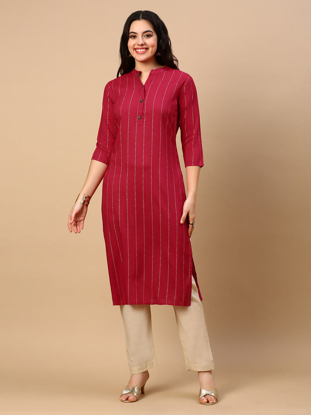 Women's Pink Striped Straight Kurta