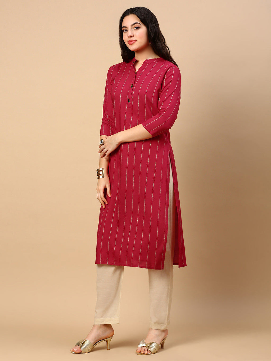 Women's Pink Striped Straight Kurta