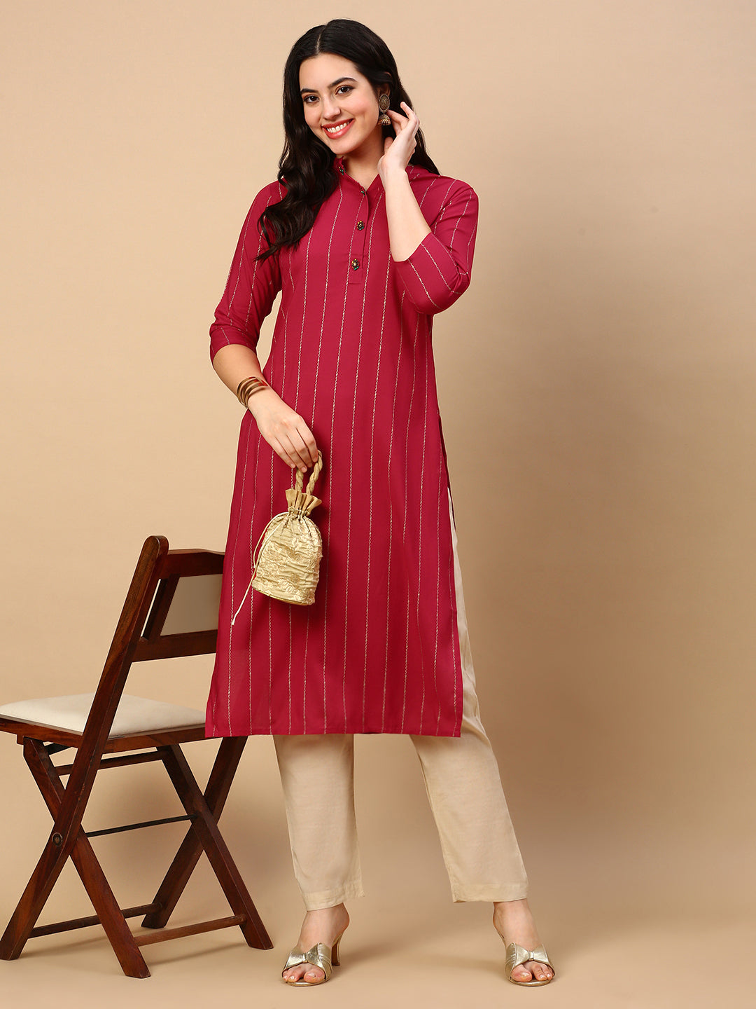 Women's Pink Striped Straight Kurta