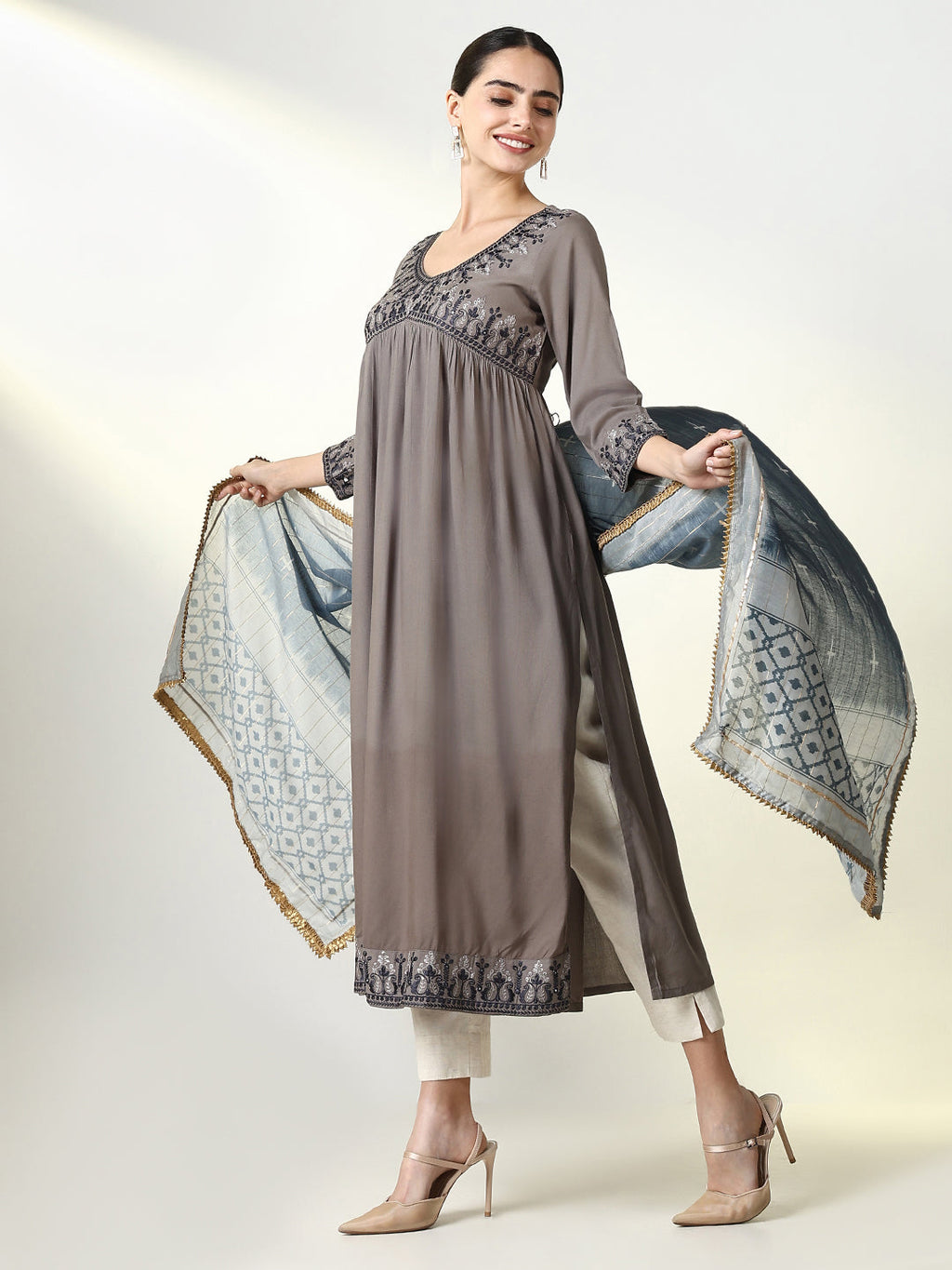 Women's Grey Solid Anarkali Kurta with Dupatta