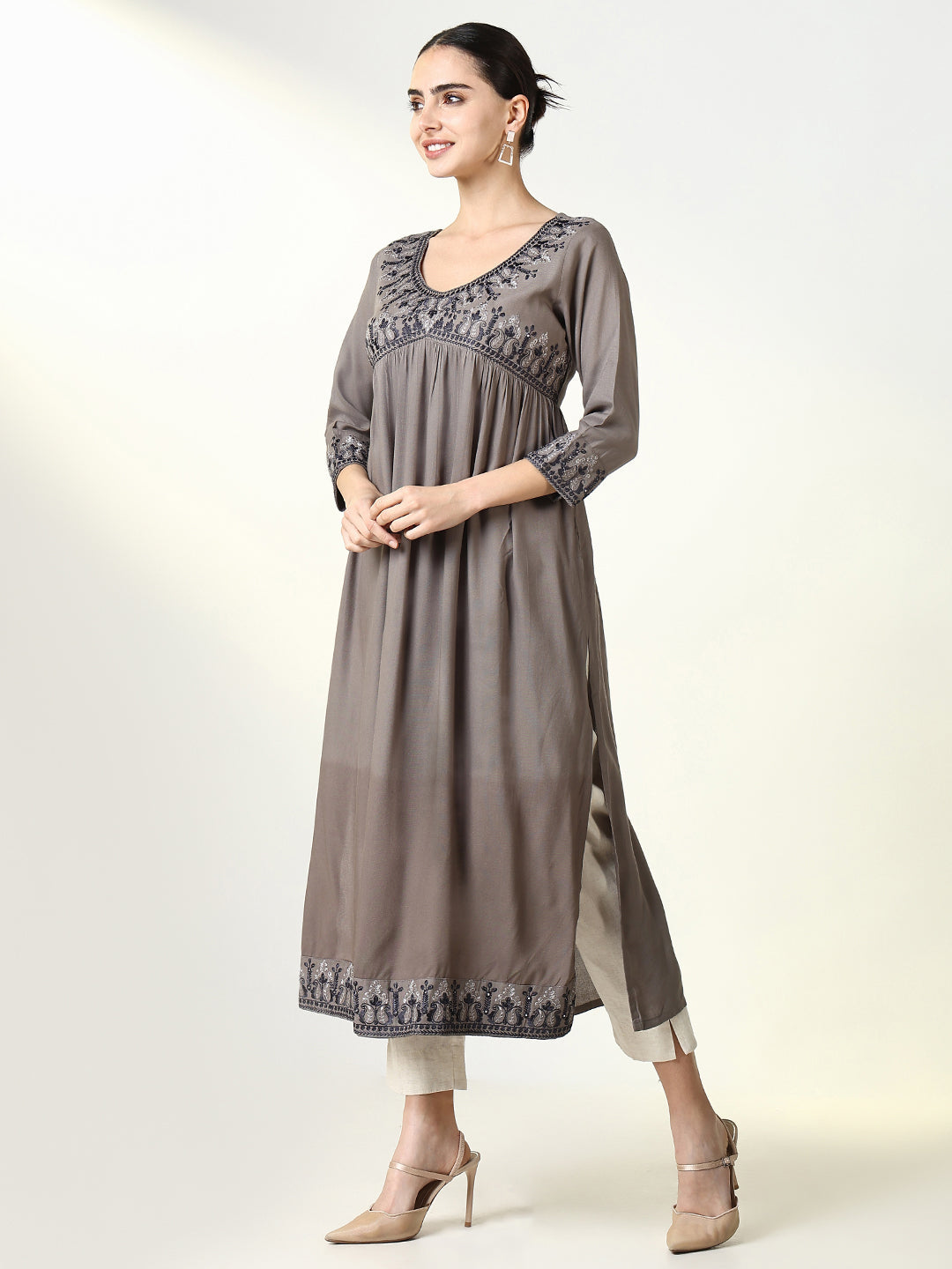 Women's Grey Solid Anarkali Kurta with Dupatta